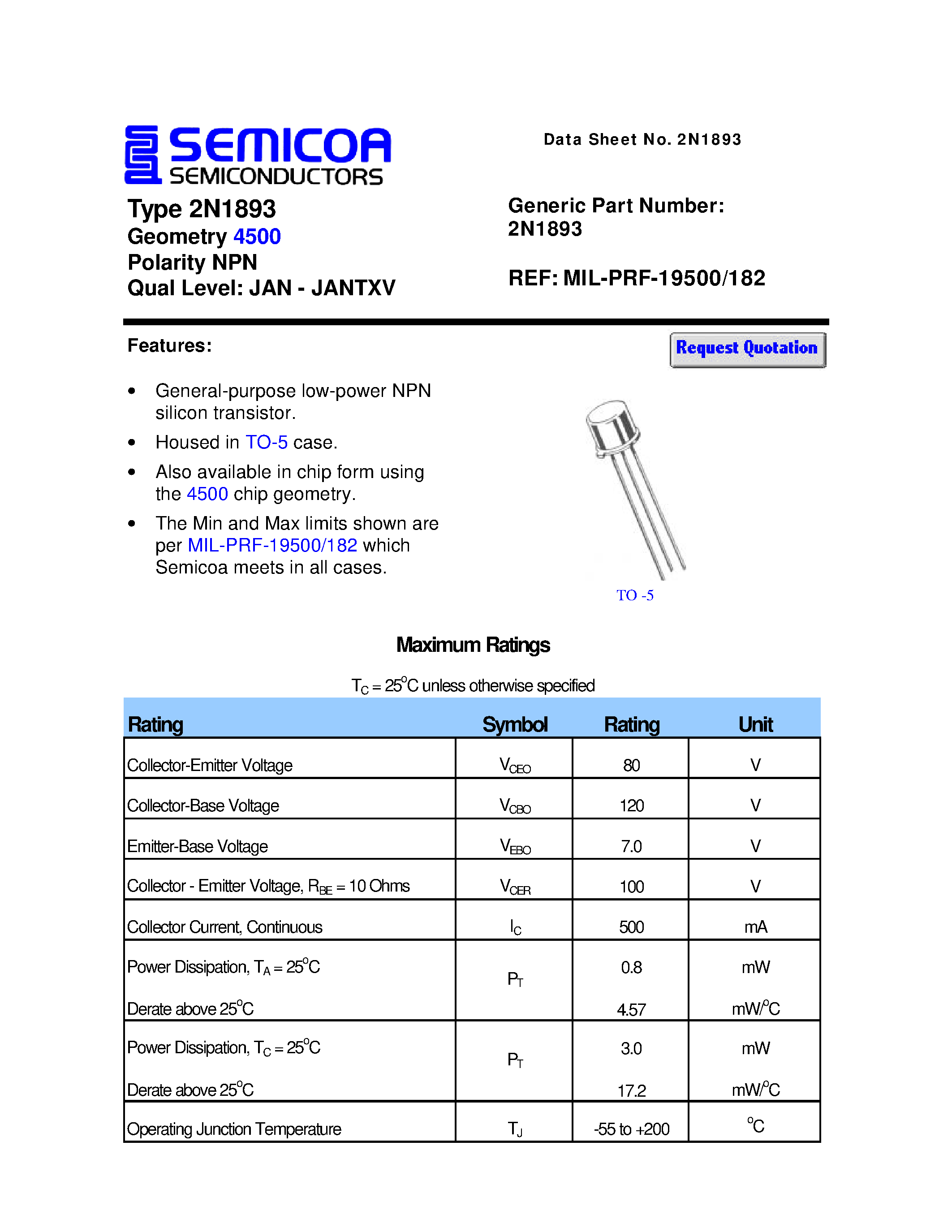 Datasheet 2N1893 - Chip Type 2C1893 Geometry 4500 Polarity NPN page 1