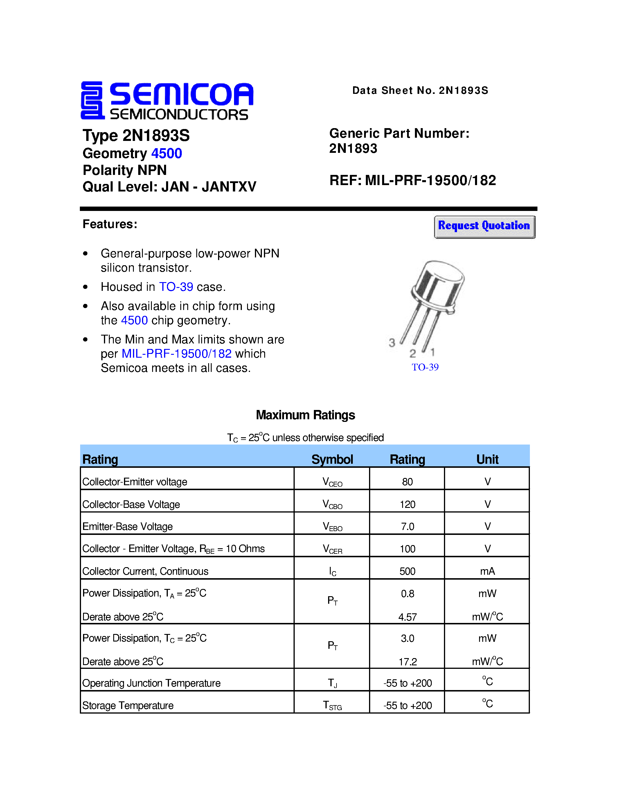 Datasheet 2N1893S - Chip Type 2C1893 Geometry 4500 Polarity NPN page 1