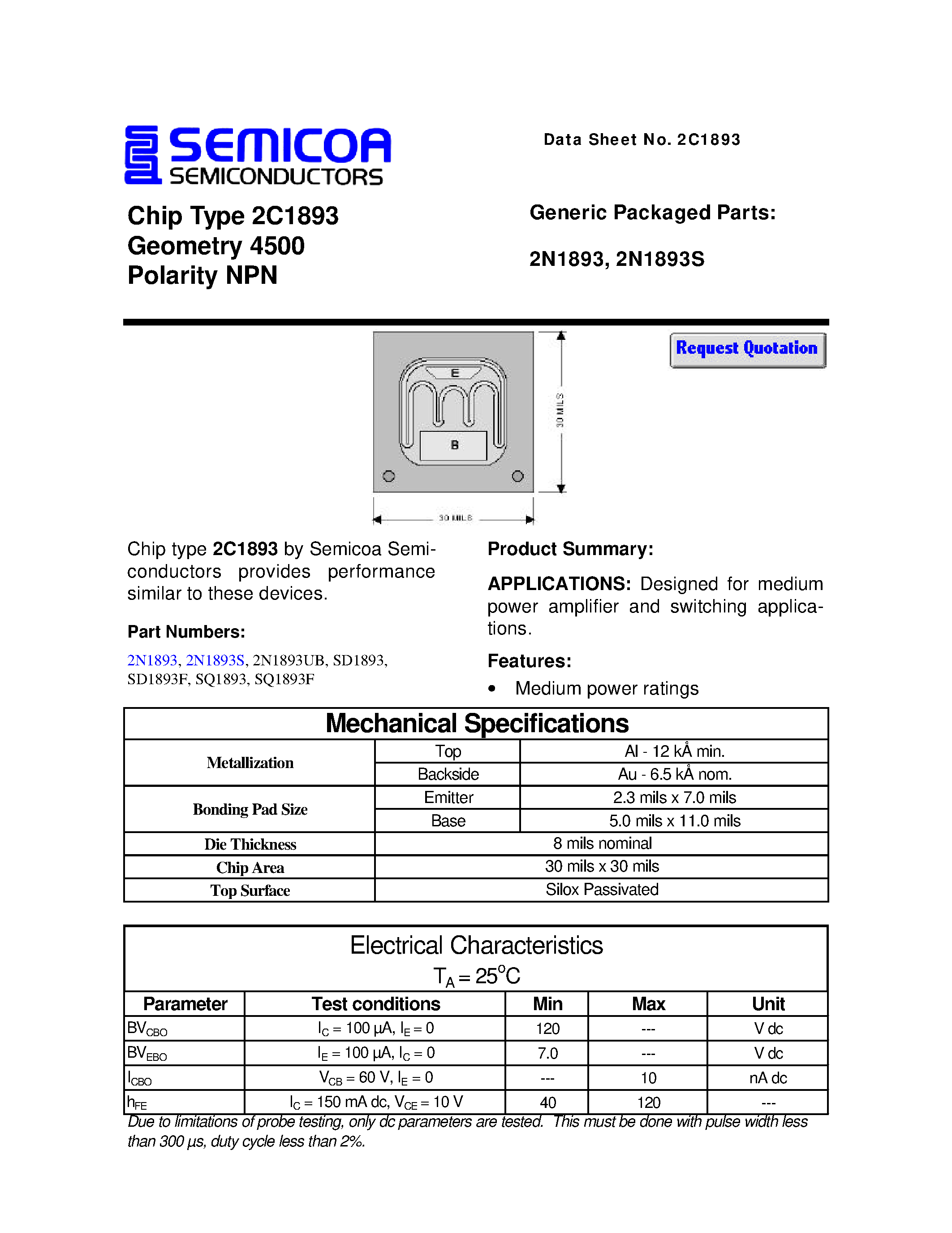 Datasheet 2N1893UB - Chip Type 2C1893 Geometry 4500 Polarity NPN page 1