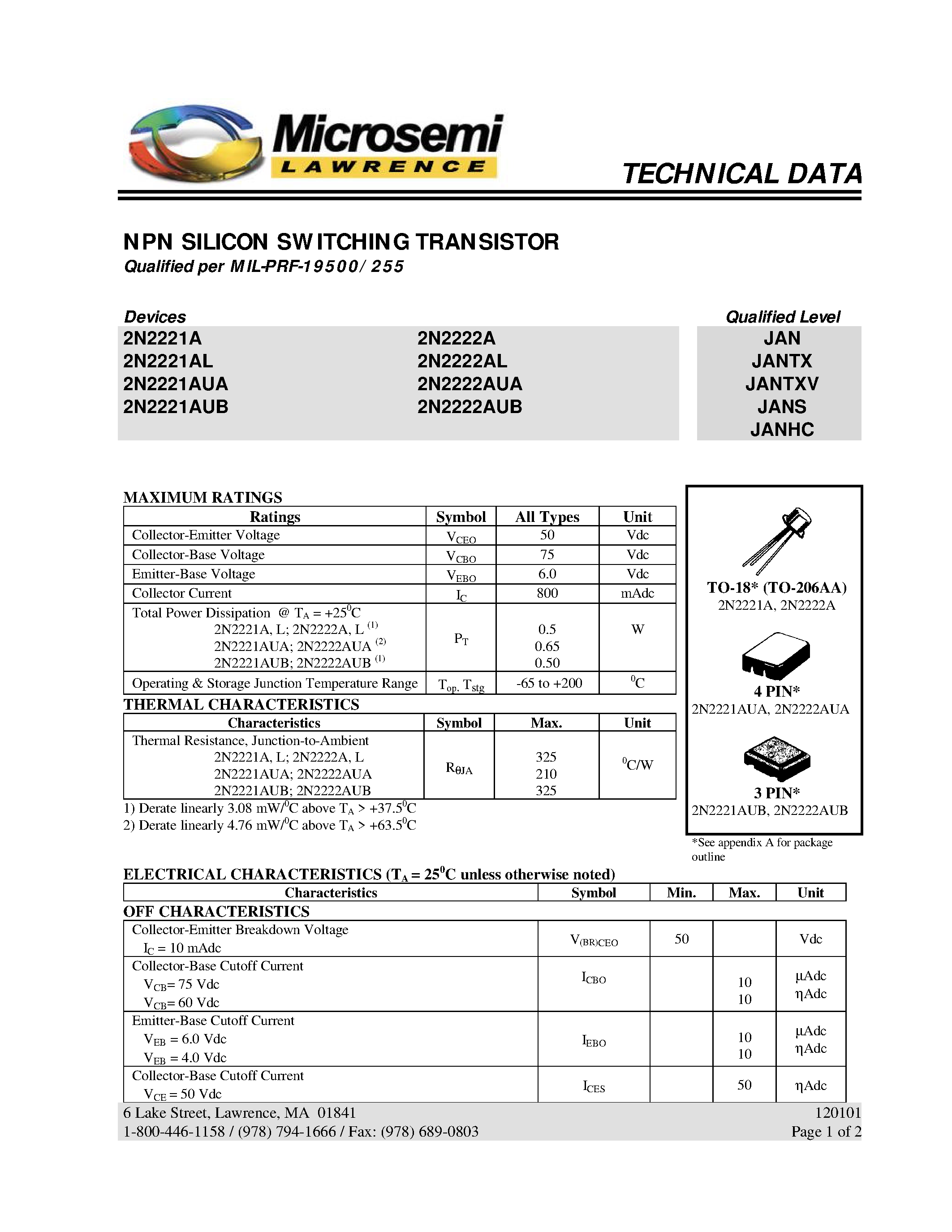 Даташит 2N2221AL - NPN SILICON SWITCHING TRANSISTOR страница 1