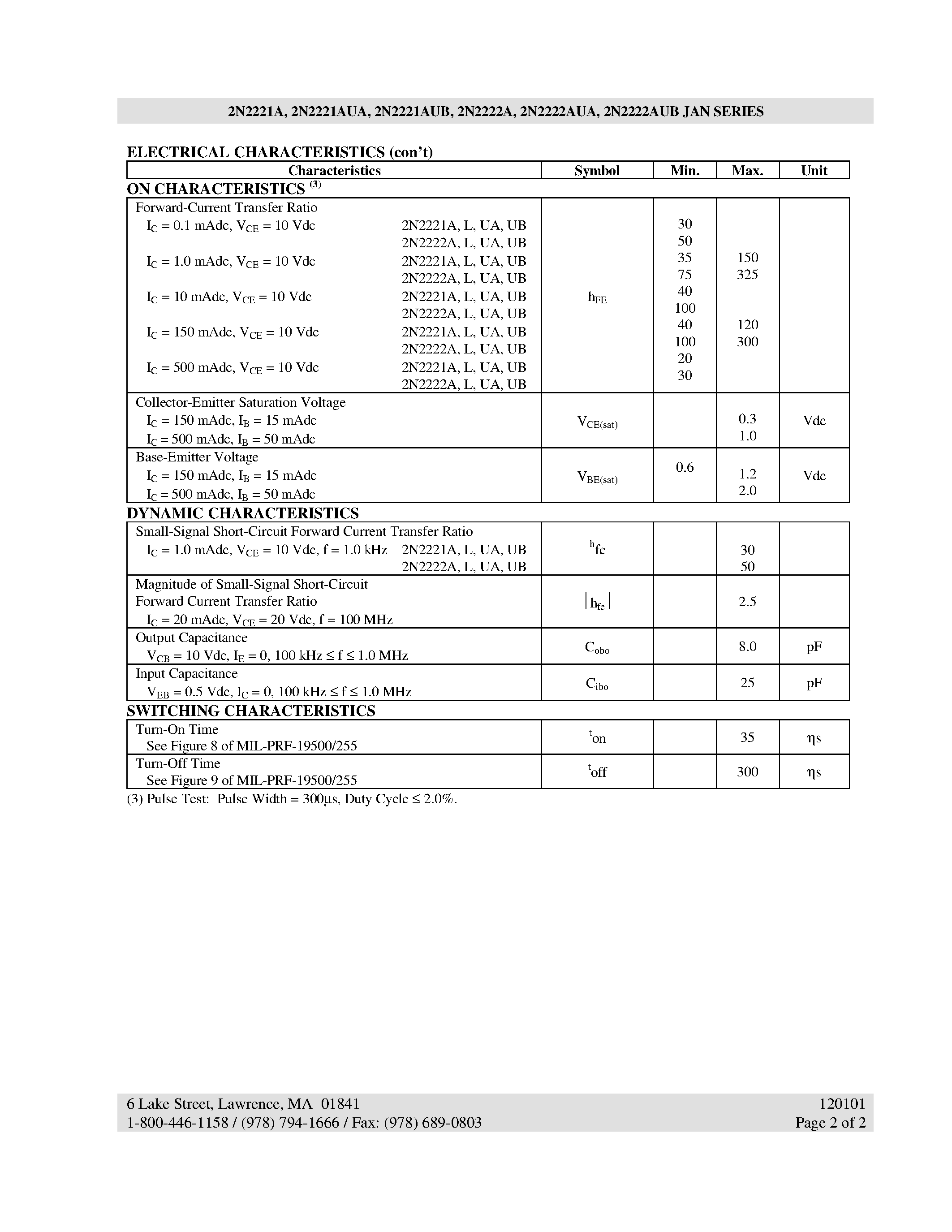 Даташит 2N2221AL - NPN SILICON SWITCHING TRANSISTOR страница 2