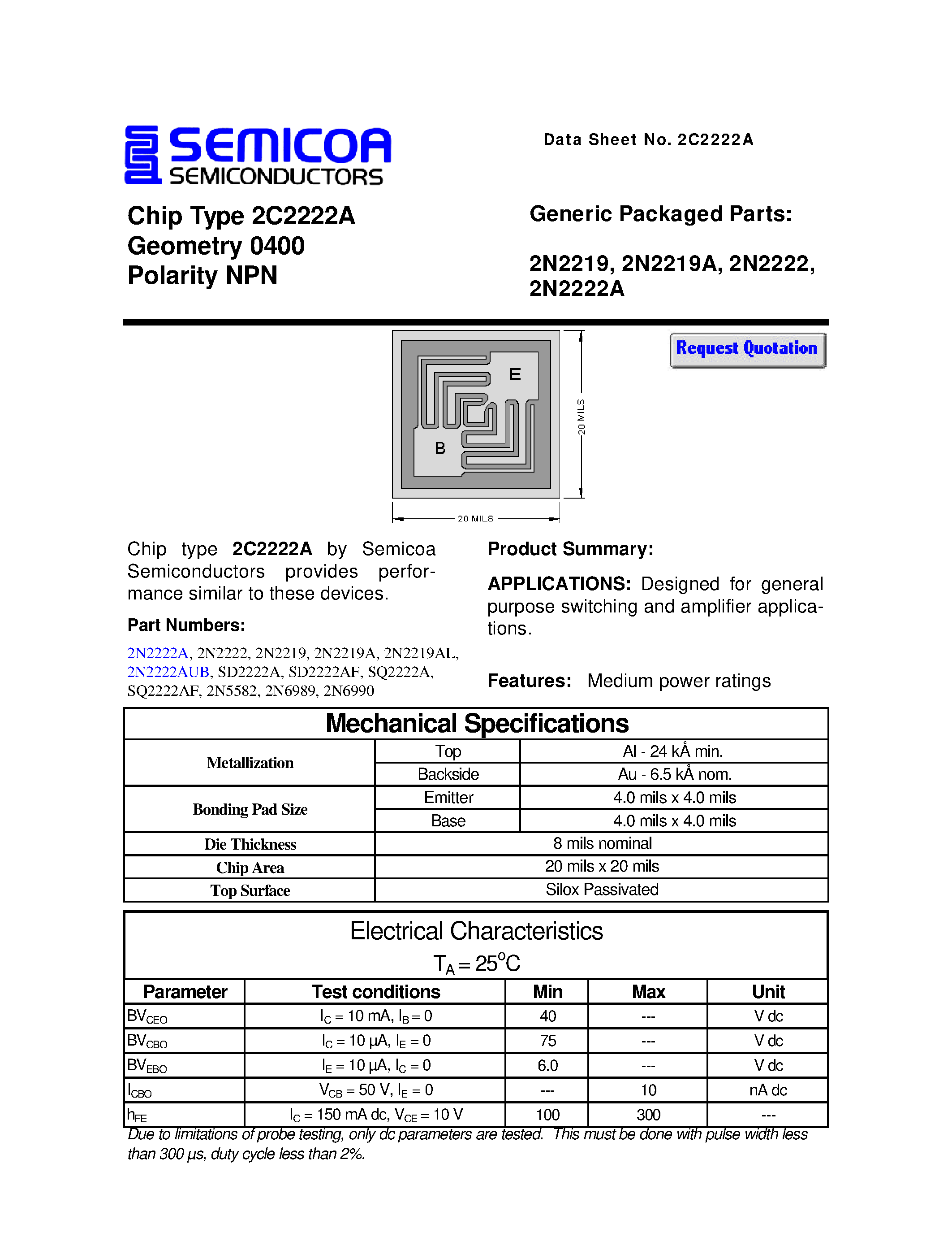 Даташит 2N2222 - Chip Type 2C2222A Geometry 0400 Polarity NPN страница 1