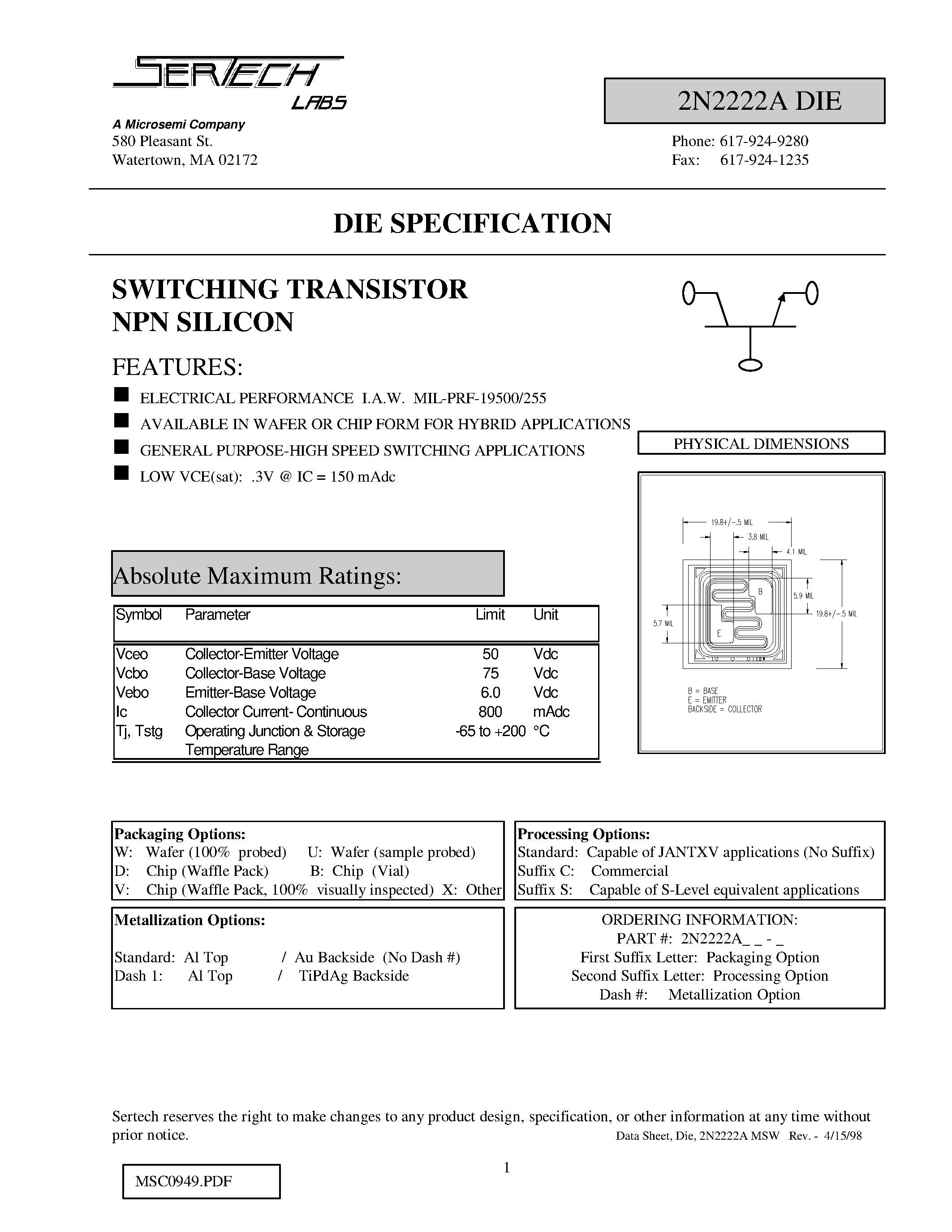 Даташит 2N2222ADIE - SWITCHING TRANSISTOR NPN SILICON страница 1