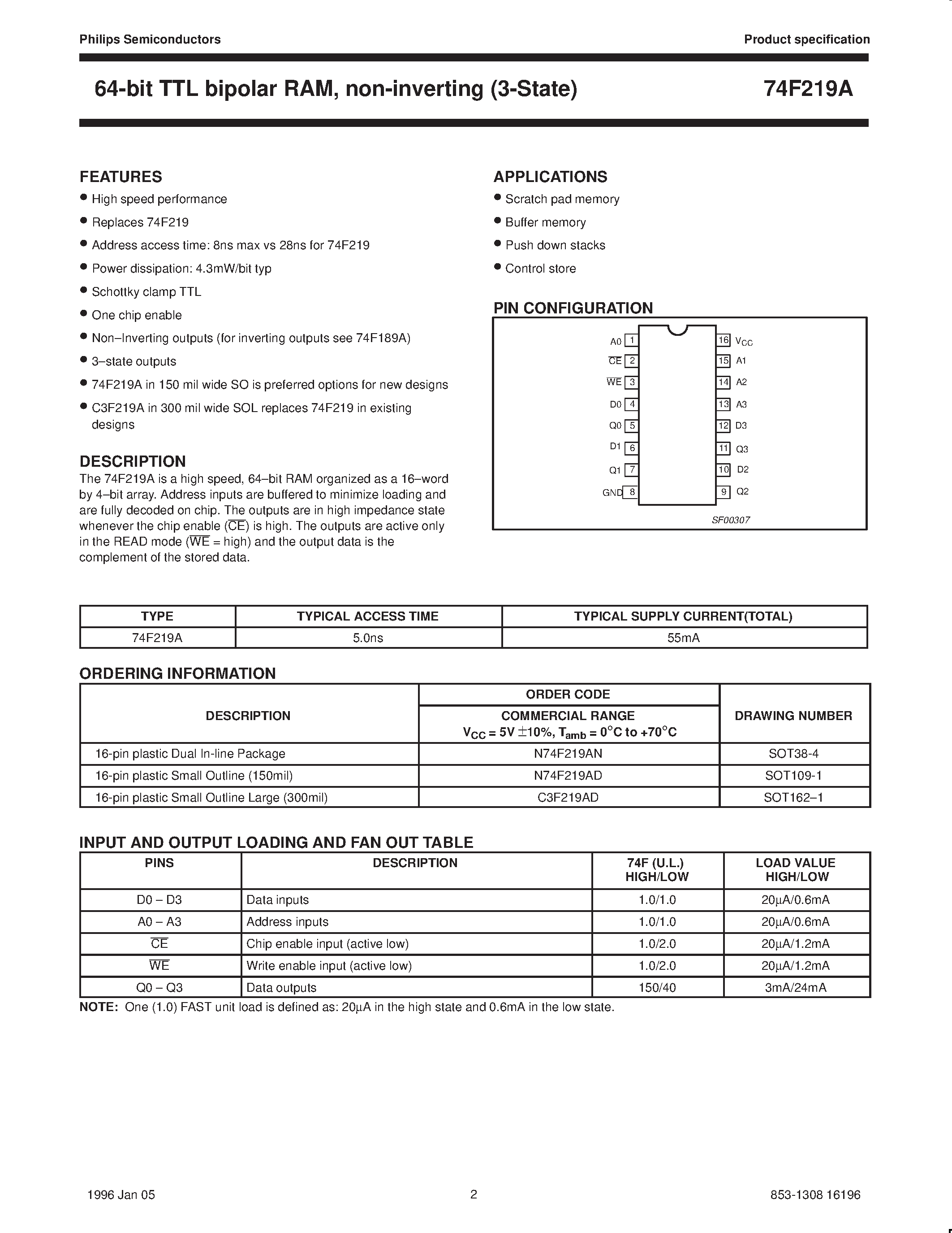 Даташит 74F219A - 64-bit TTL bipolar RAM / non-inverting 3-State страница 2