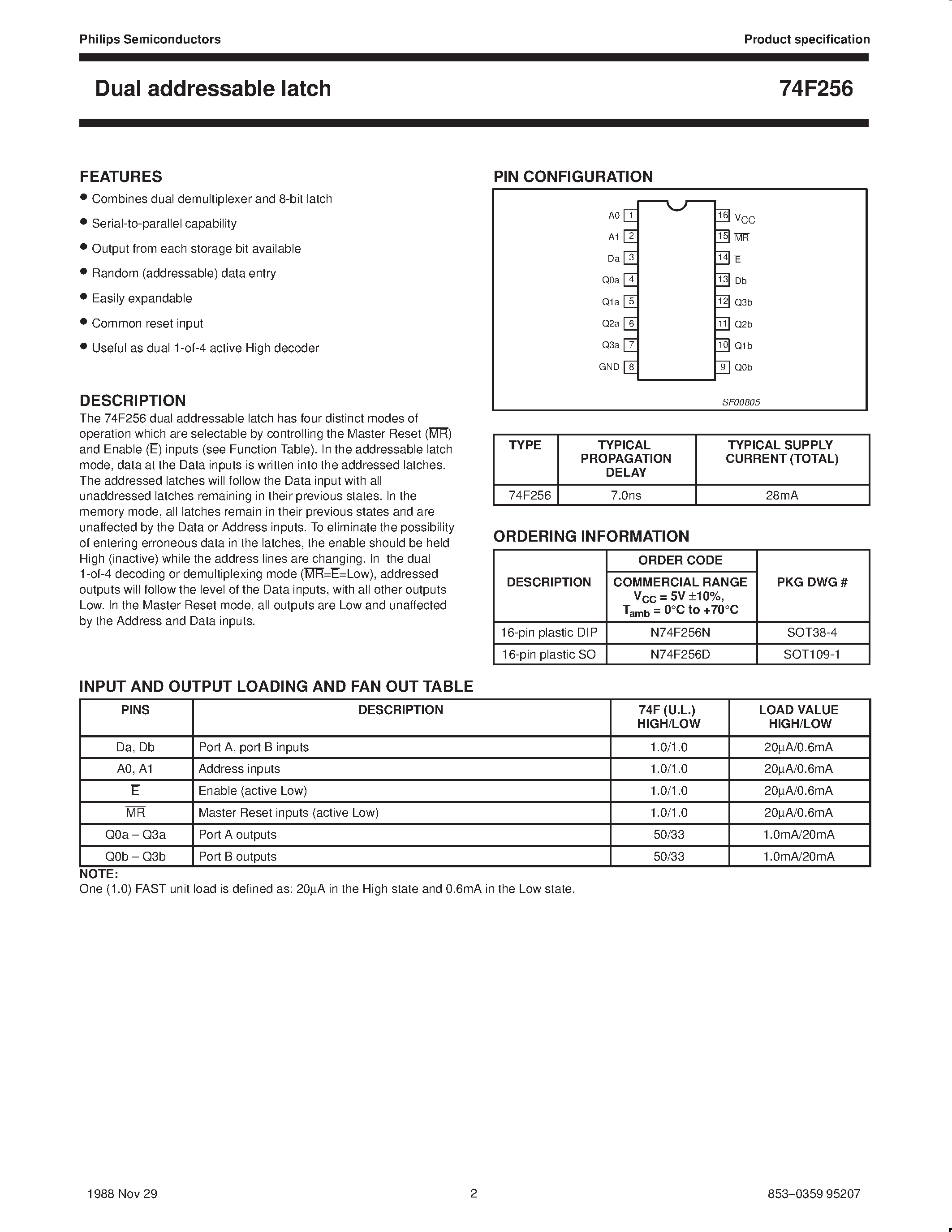 Datasheet 74F256 - Dual addressable latch page 2