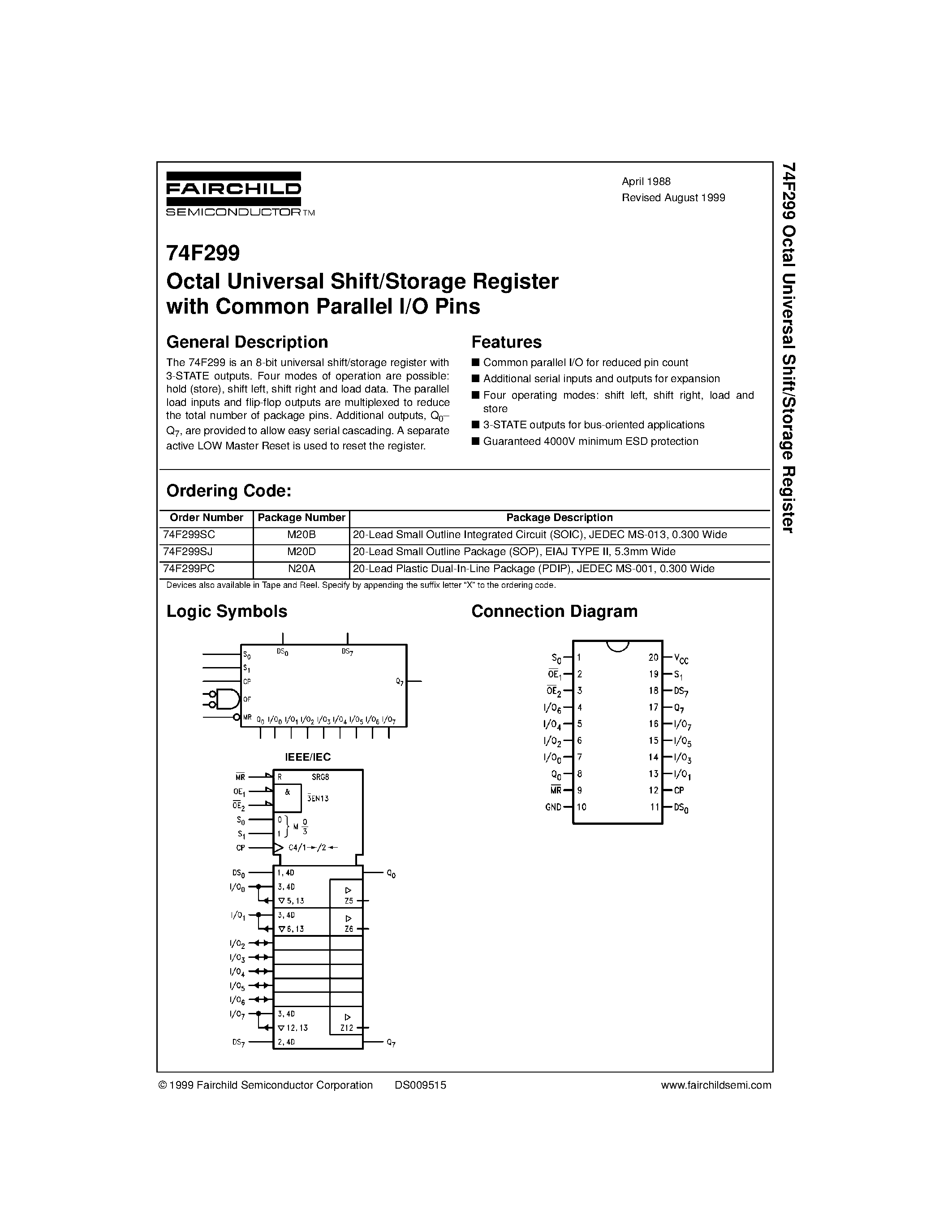 Datasheet 74F299 - Octal Universal Shift/Storage Register with Common Parallel I/O Pins page 1