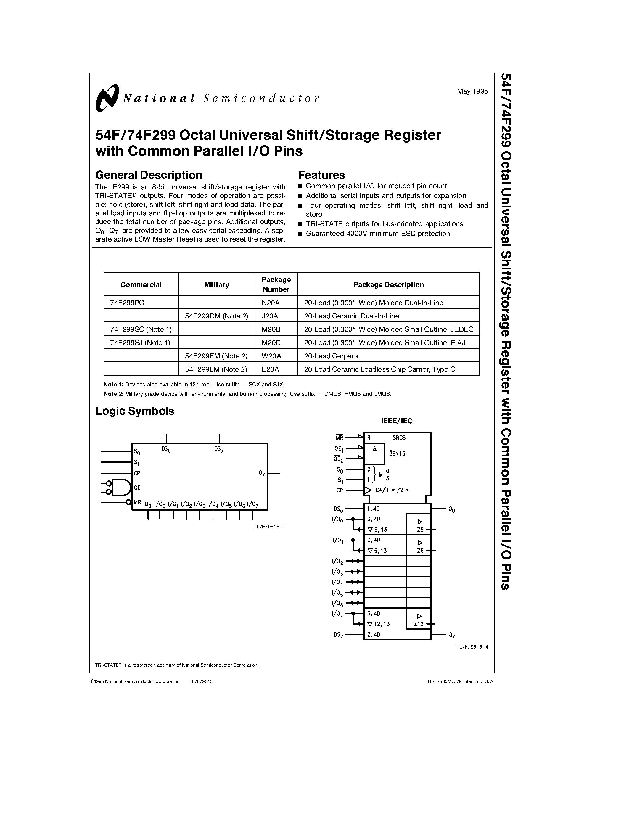 Datasheet 74F299PC - Octal Universal Shift/Storage Register with Common Parallel I/O Pins page 1