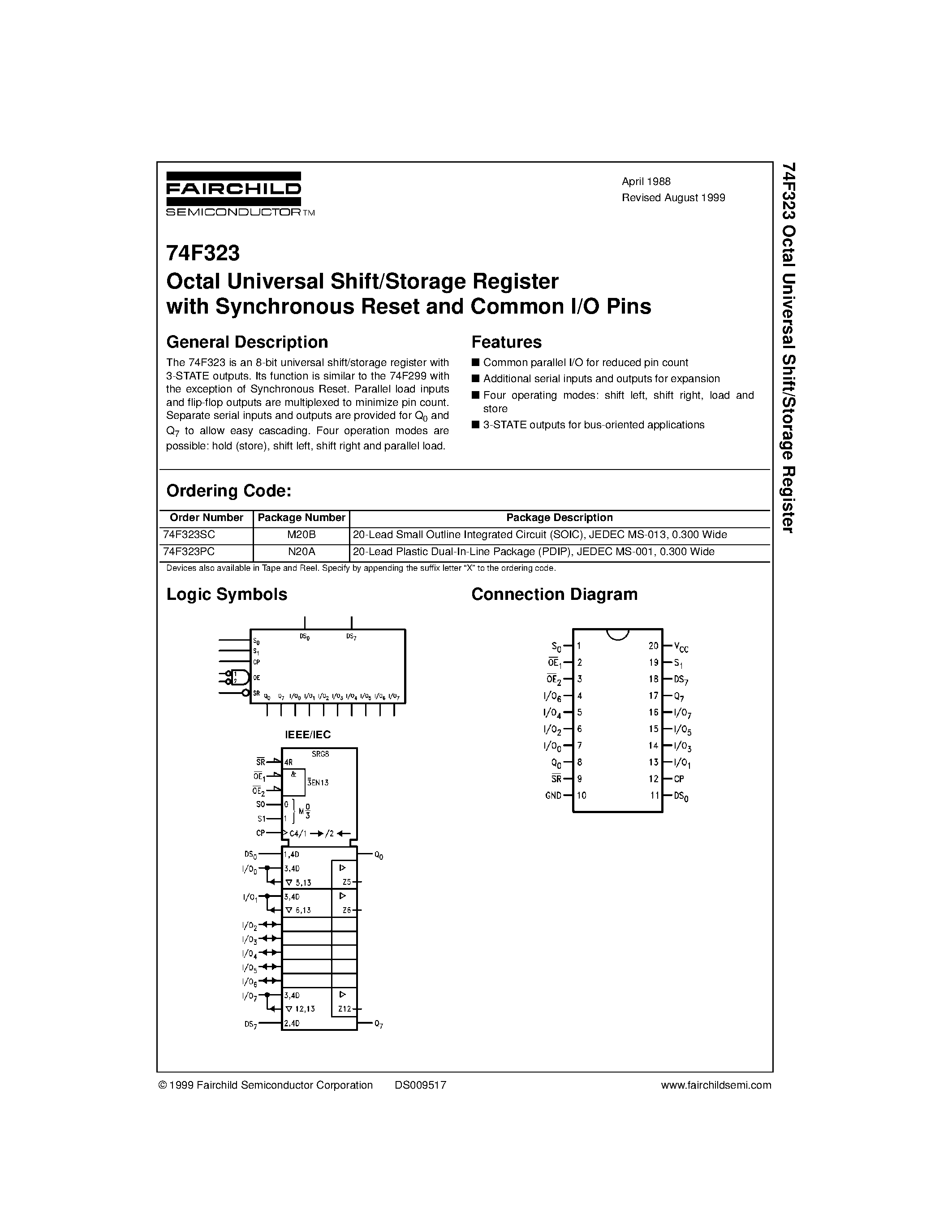 Datasheet 74F323 - Octal Universal Shift/Storage Register with Synchronous Reset and Common I/O Pins page 1