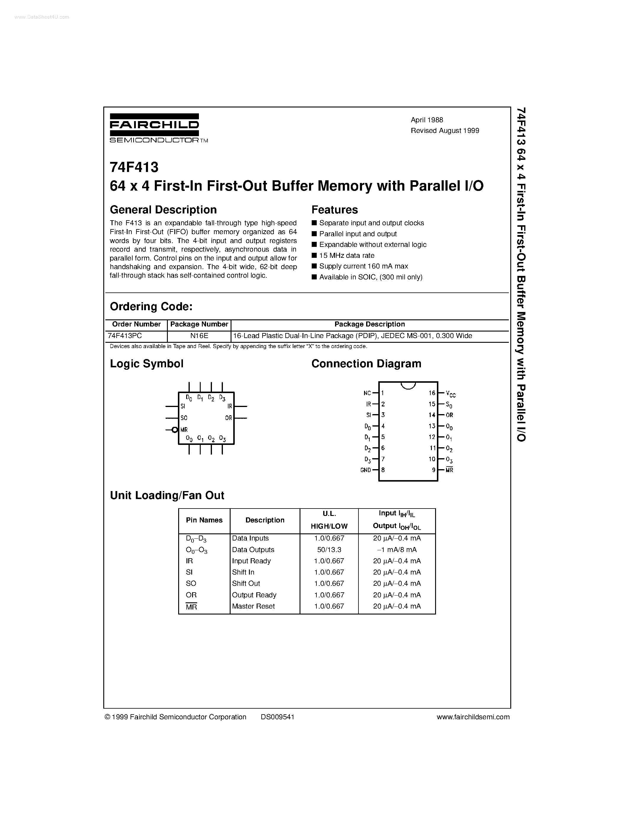 Datasheet 74F413 - 64 x 4 First-In First-Out Buffer Memory with Parallel I/O page 1