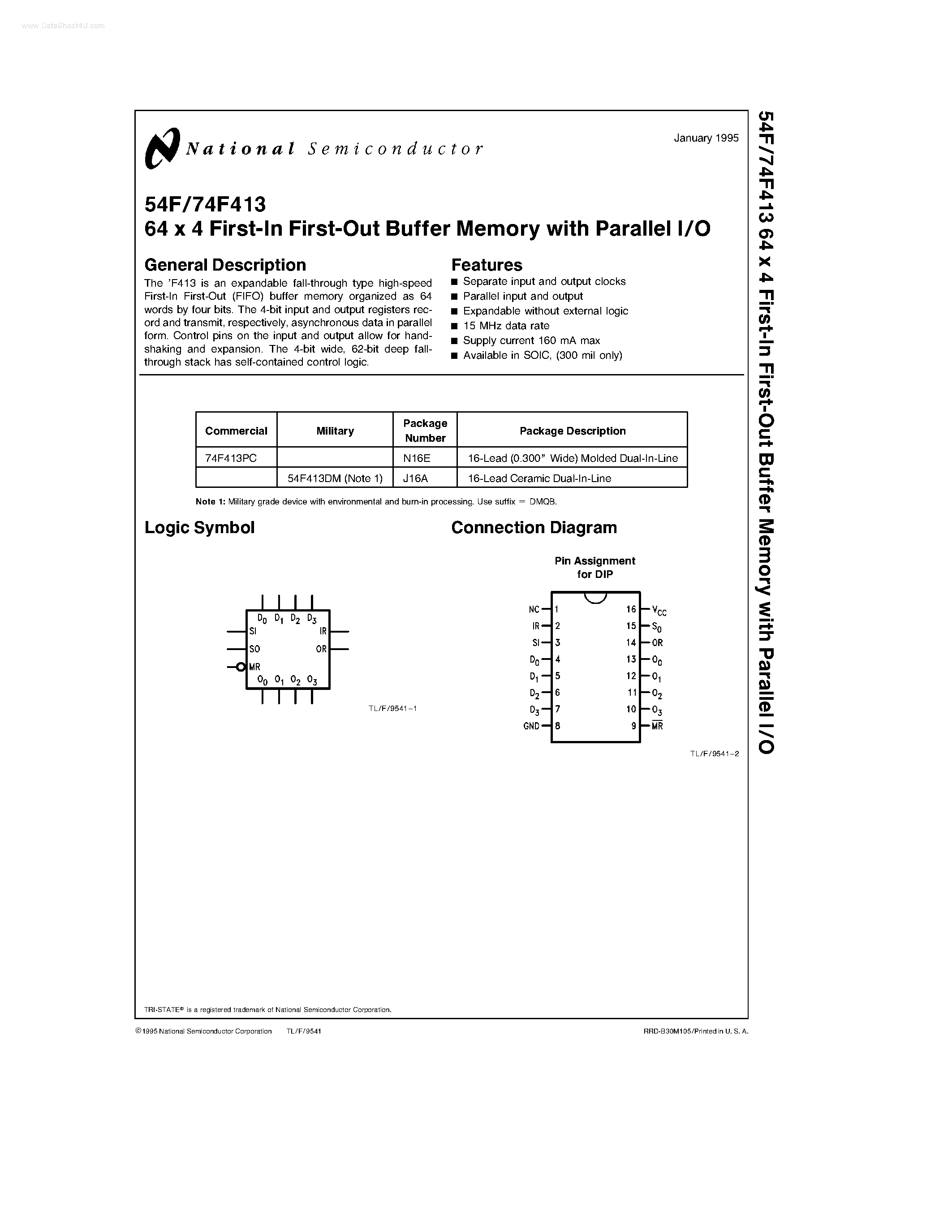 Datasheet 74F413 - 64 x 4 First-In First-Out Buffer Memory with Parallel I/O page 1