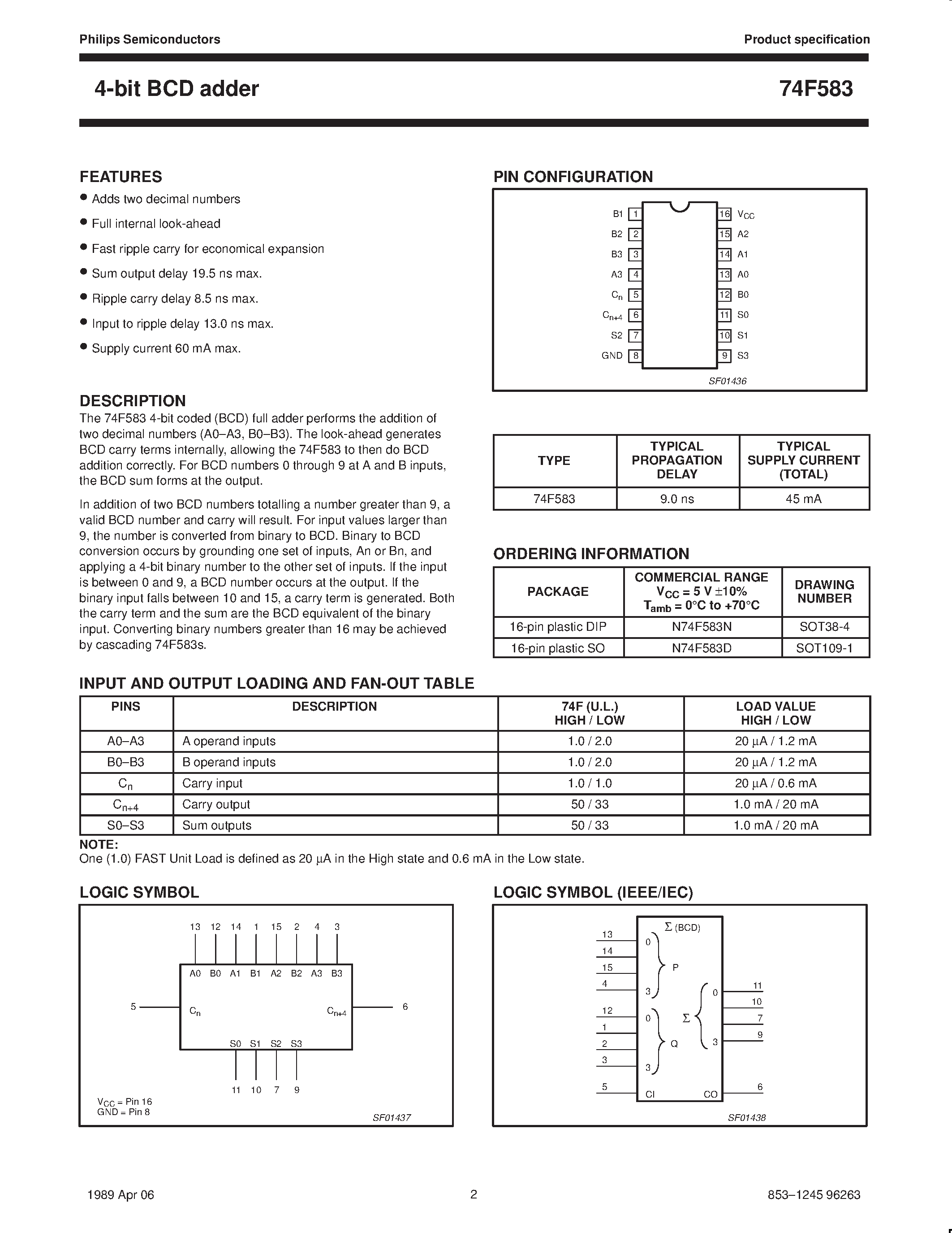 Datasheet 74F583 - 4-bit BCD adder page 2