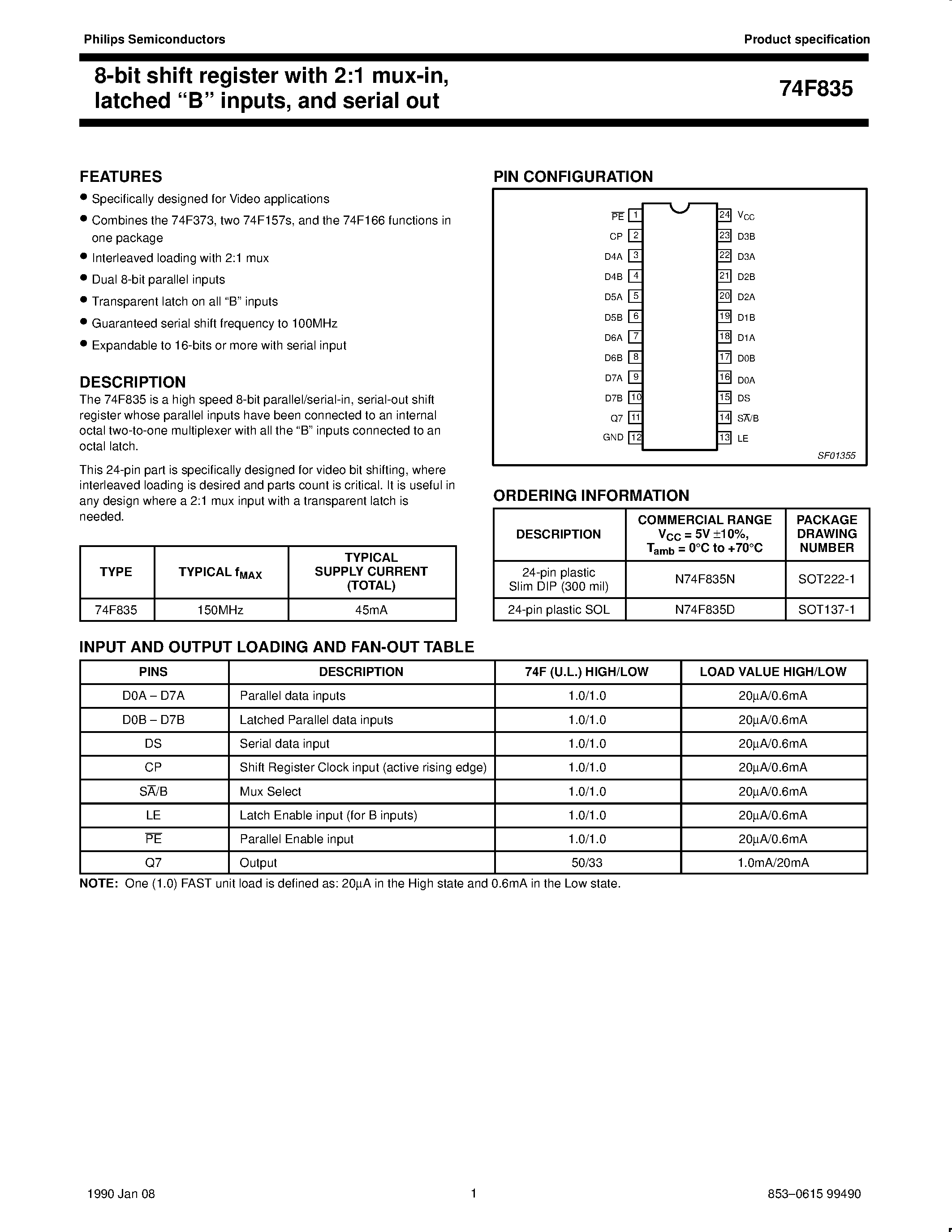 Datasheet 74F835 - 8-bit shift register with 2:1 mux-in / latched B inputs / and serial out page 1