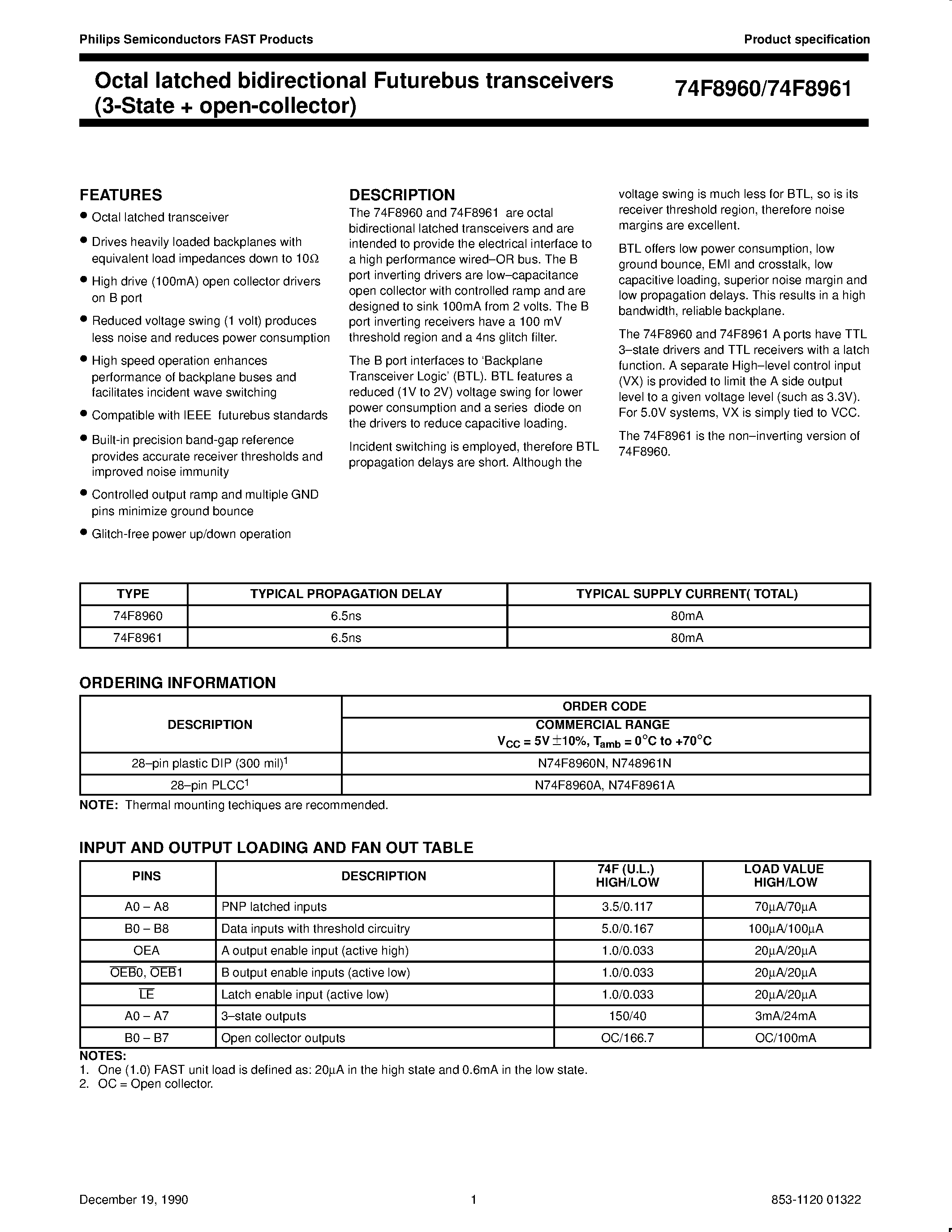 Datasheet 74F8960 - Octal latched bidirectional Futurebus transceivers 3-State open-collector page 1