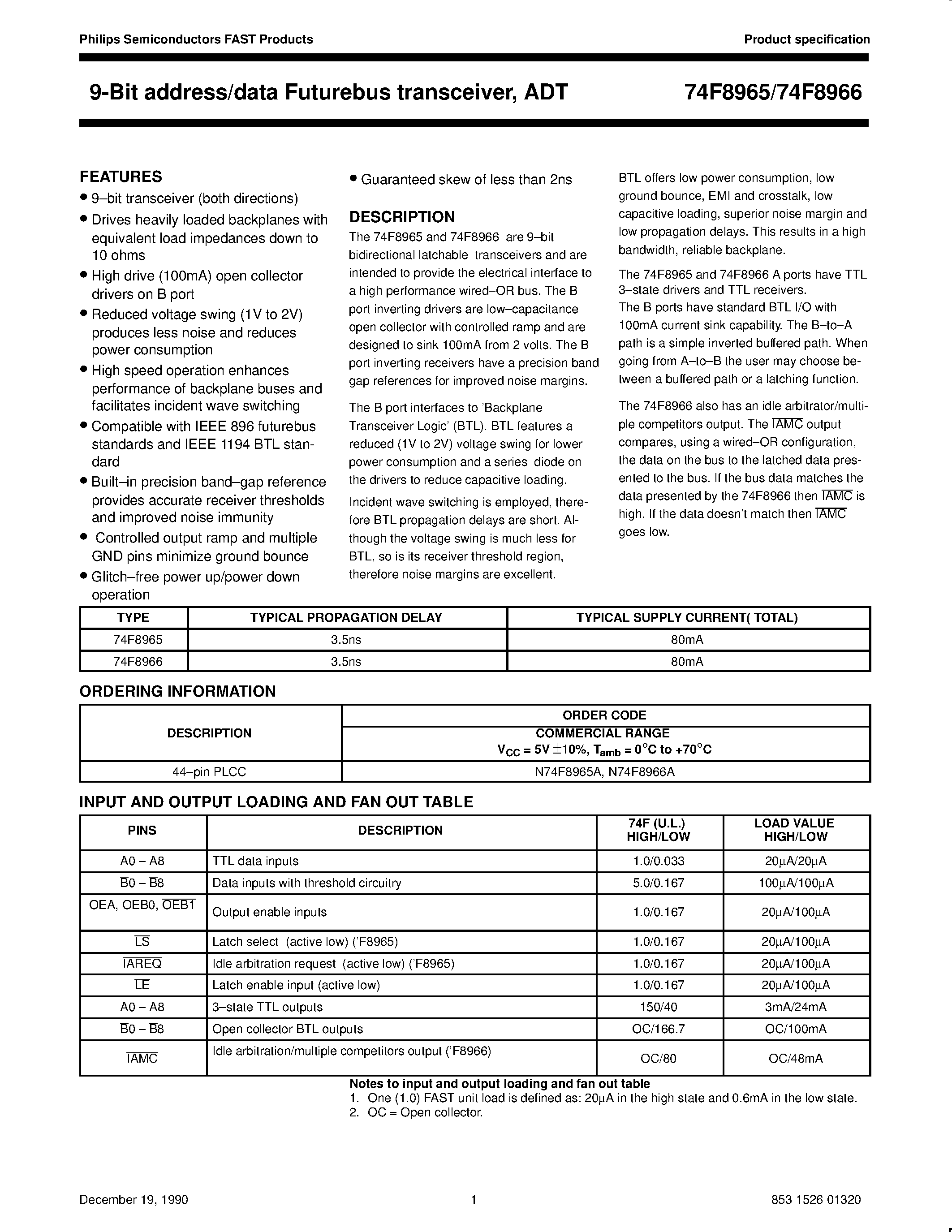 Datasheet 74F8965 - 9-Bit address/data Futurebus transceiver / ADT page 1