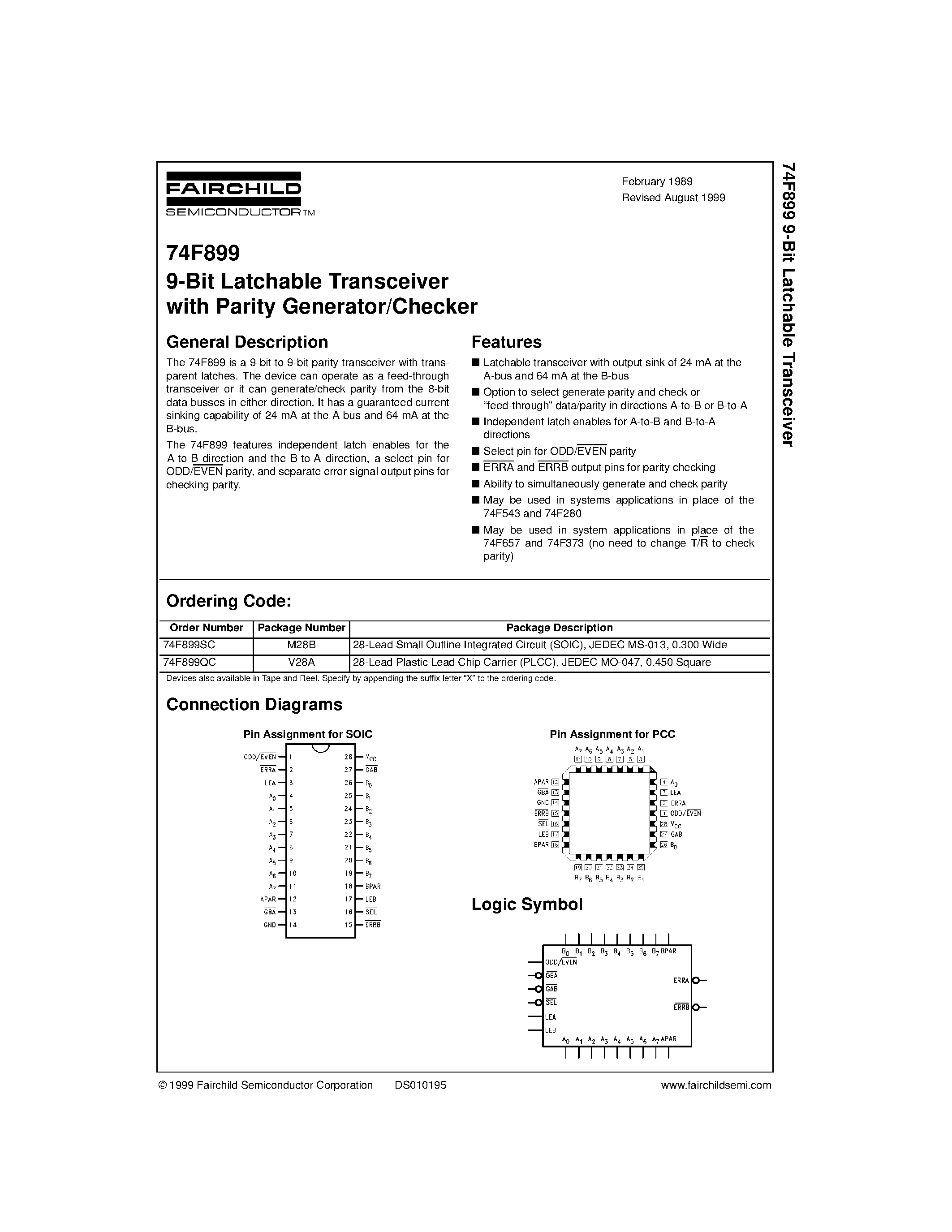 Datasheet 74F899QC - 9-Bit Latchable Transceiver with Parity Generator/Checker page 1