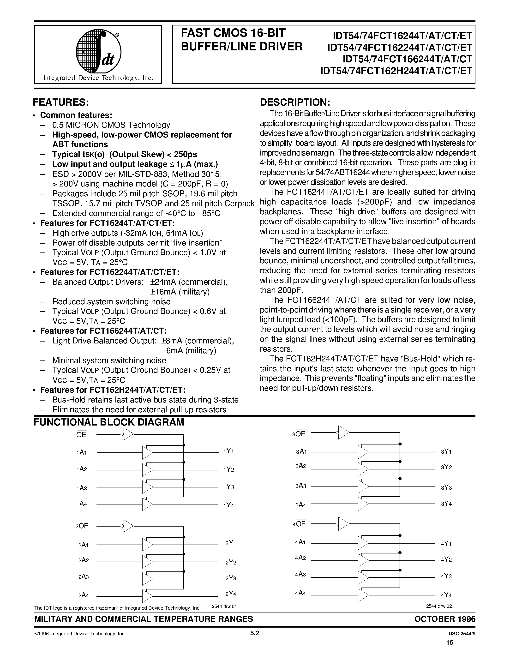 Datasheet 74FCT16244 - FAST CMOS 16-BIT BUFFER/LINE DRIVER page 1