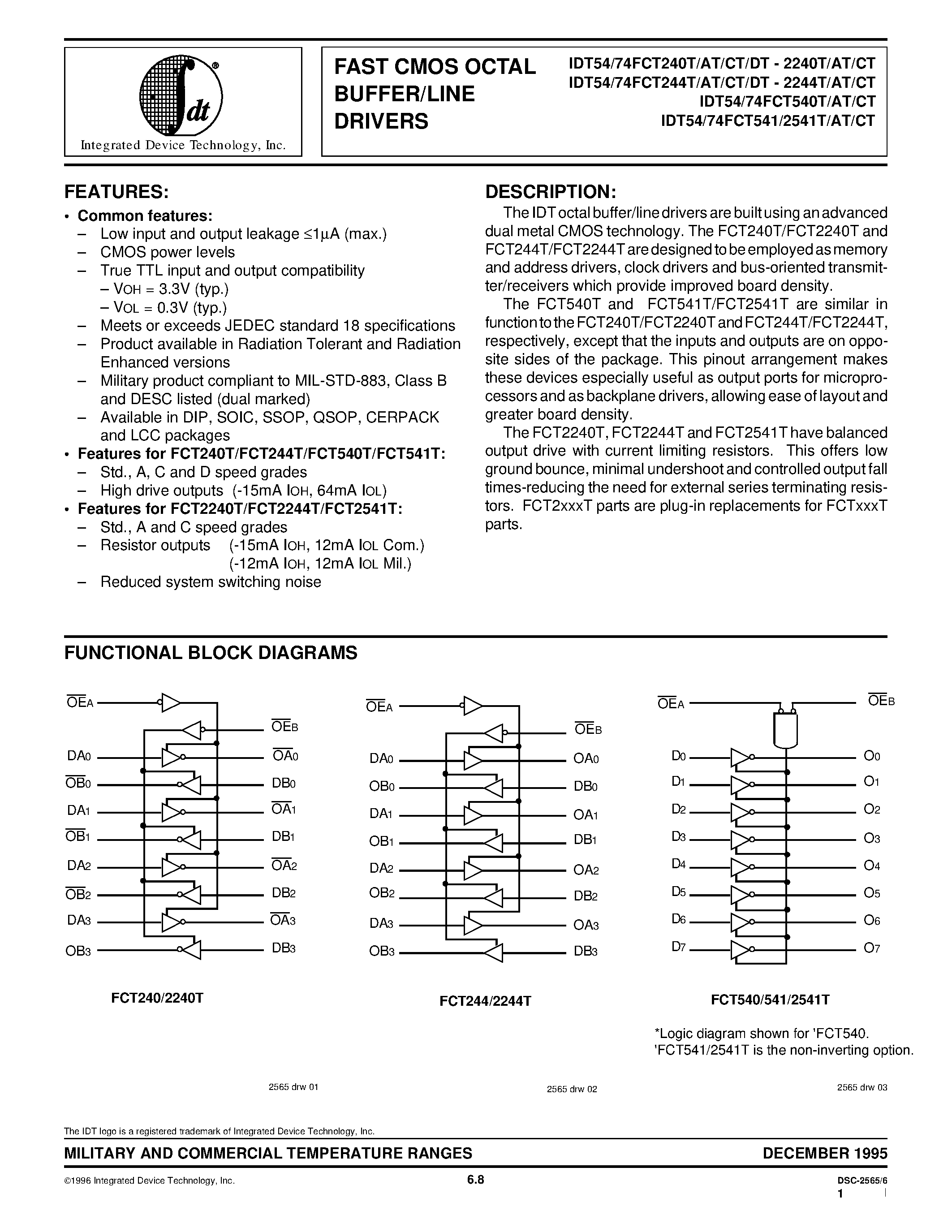 Datasheet 74FCT244 - FAST CMOS OCTAL BUFFER/LINE DRIVERS page 1