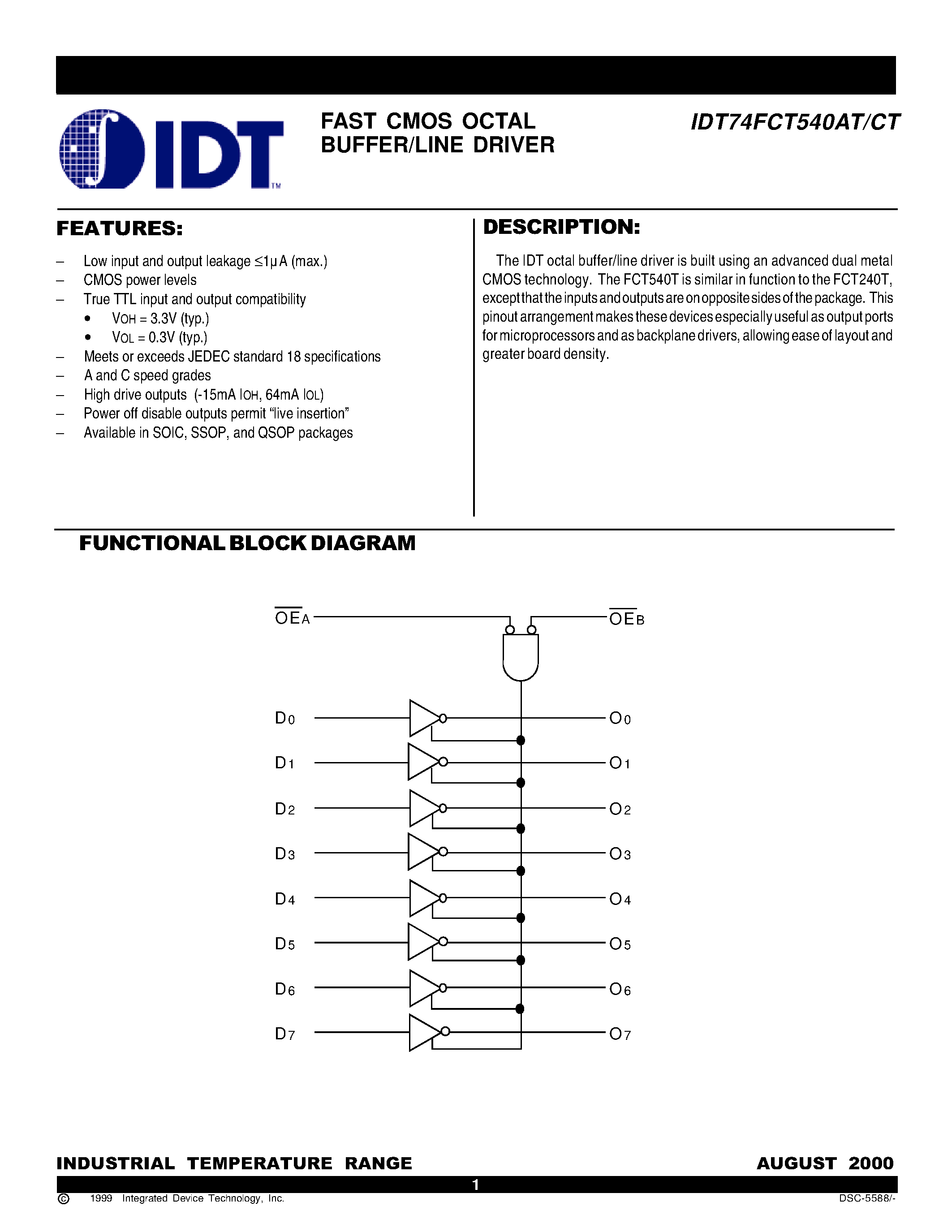 Datasheet 74FCT540 - FAST CMOS OCTAL BUFFER/LINE DRIVER page 1