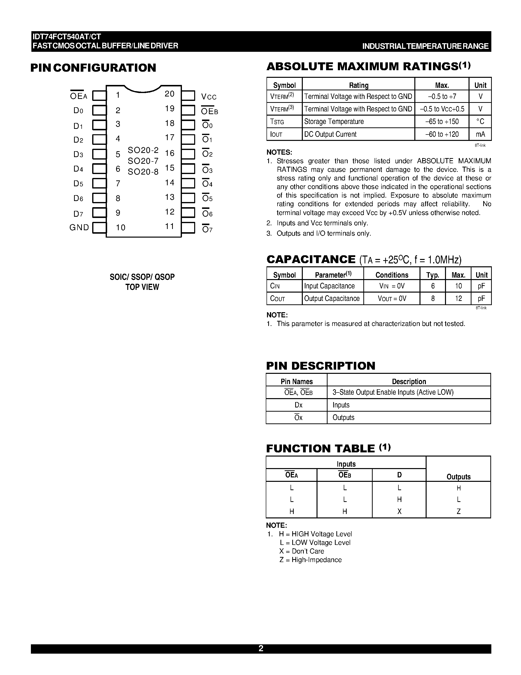 Datasheet 74FCT540 - FAST CMOS OCTAL BUFFER/LINE DRIVER page 2