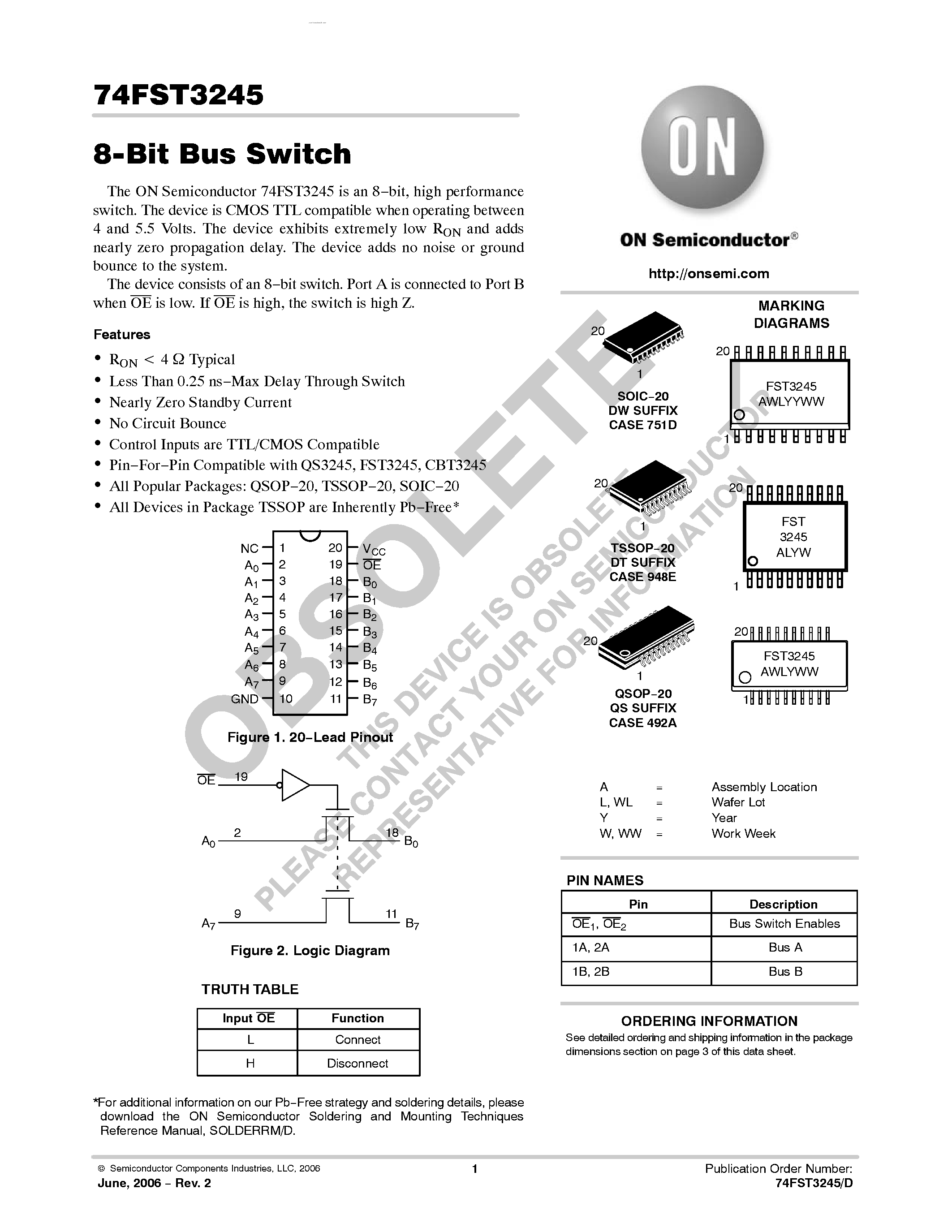 Datasheet 74FST3245DTR2 - 8-Bit Bus Switch page 1