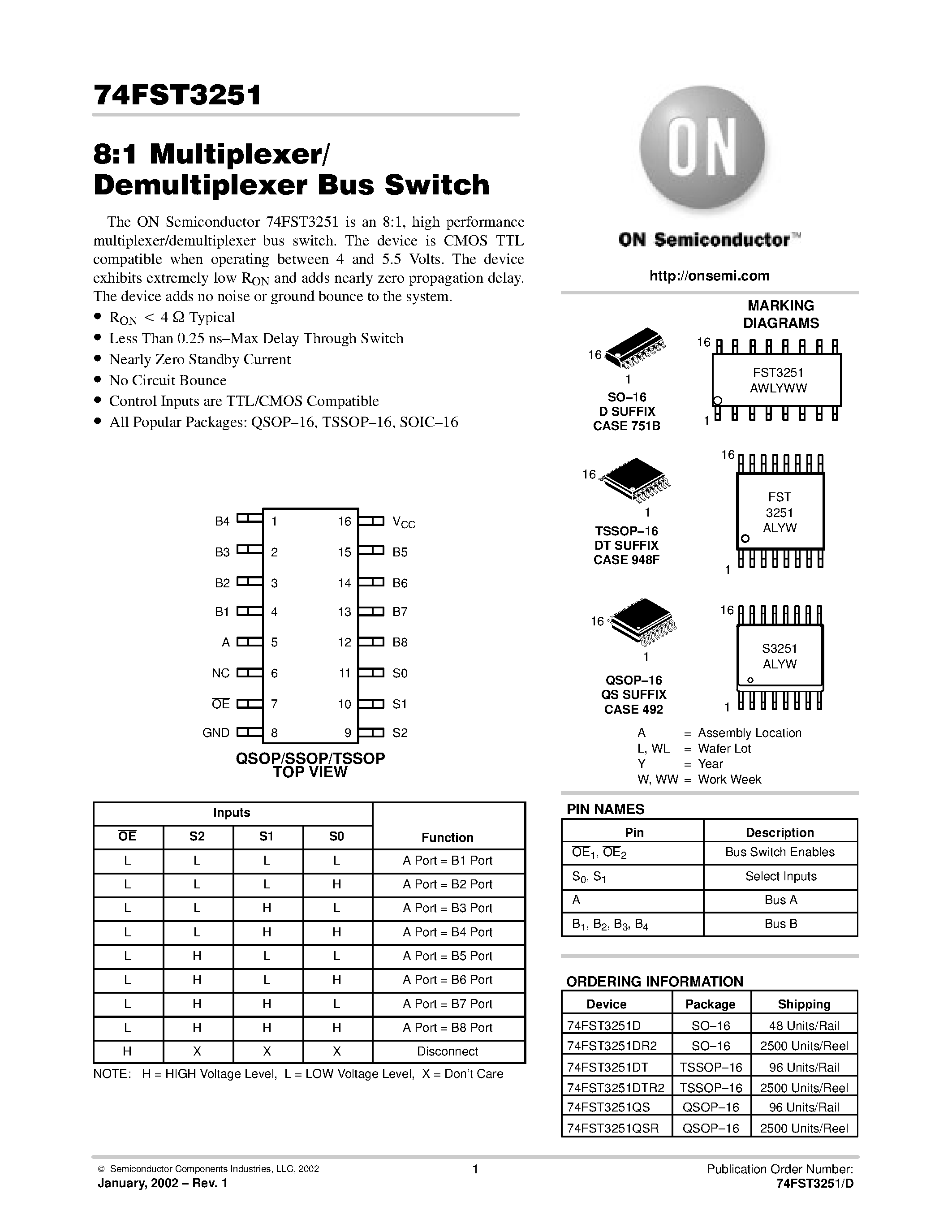 Datasheet 74FST3251 - 8:1 Multiplexer/Demultiplexer Bus Switch page 1