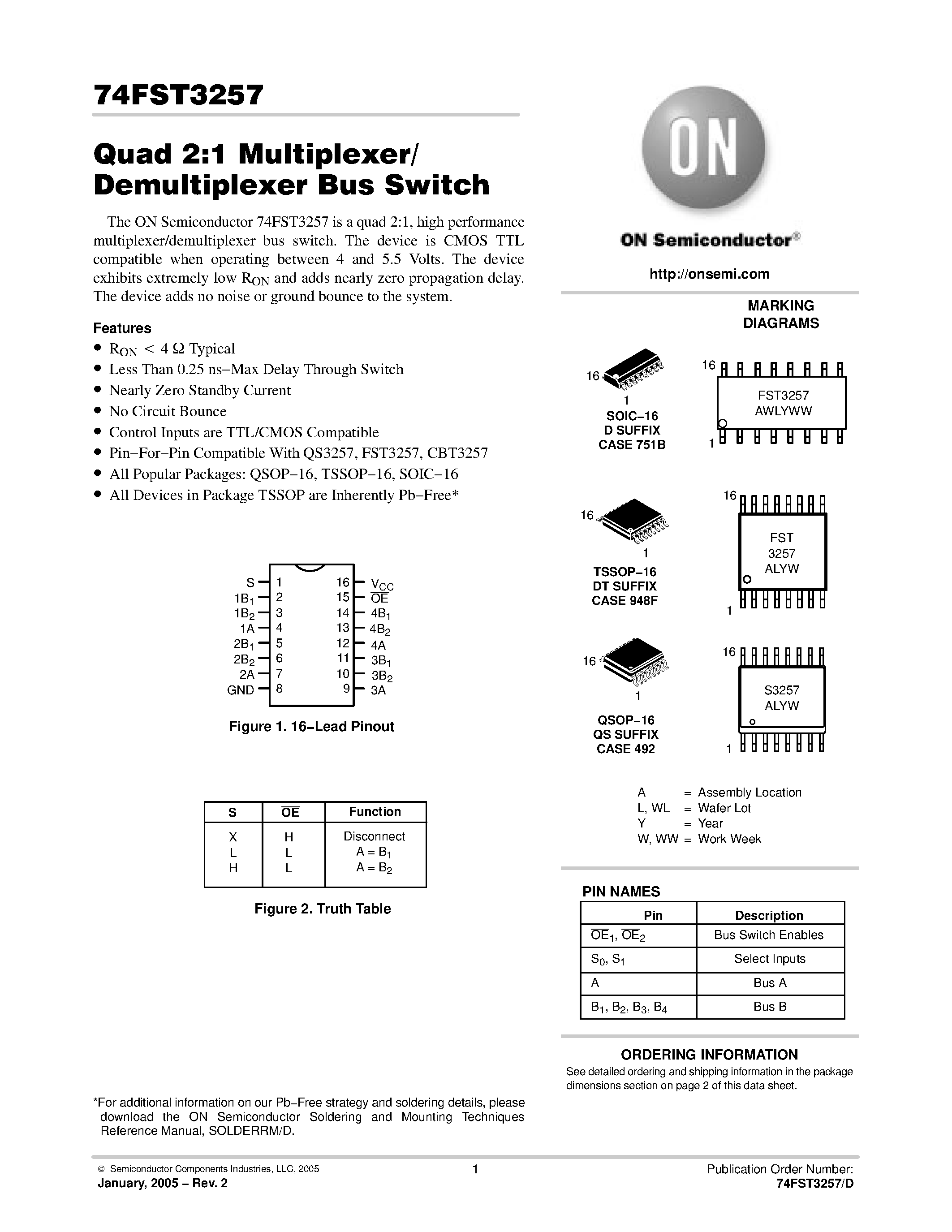 Datasheet 74FST32517D - Quad 2:1 Multiplexer/ Demultiplexer Bus Switch page 1