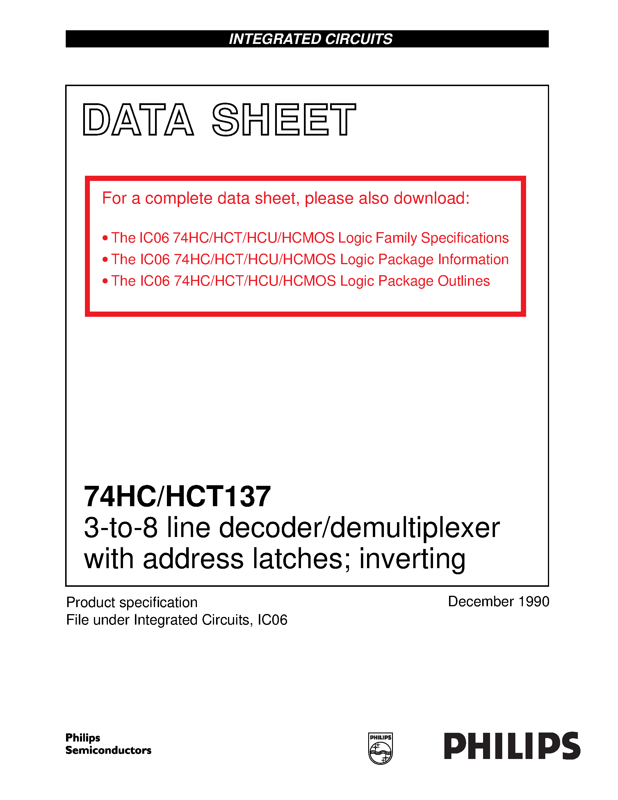 Datasheet 74HC137 - 3-to-8 line decoder/demultiplexer with address latches inverting page 1