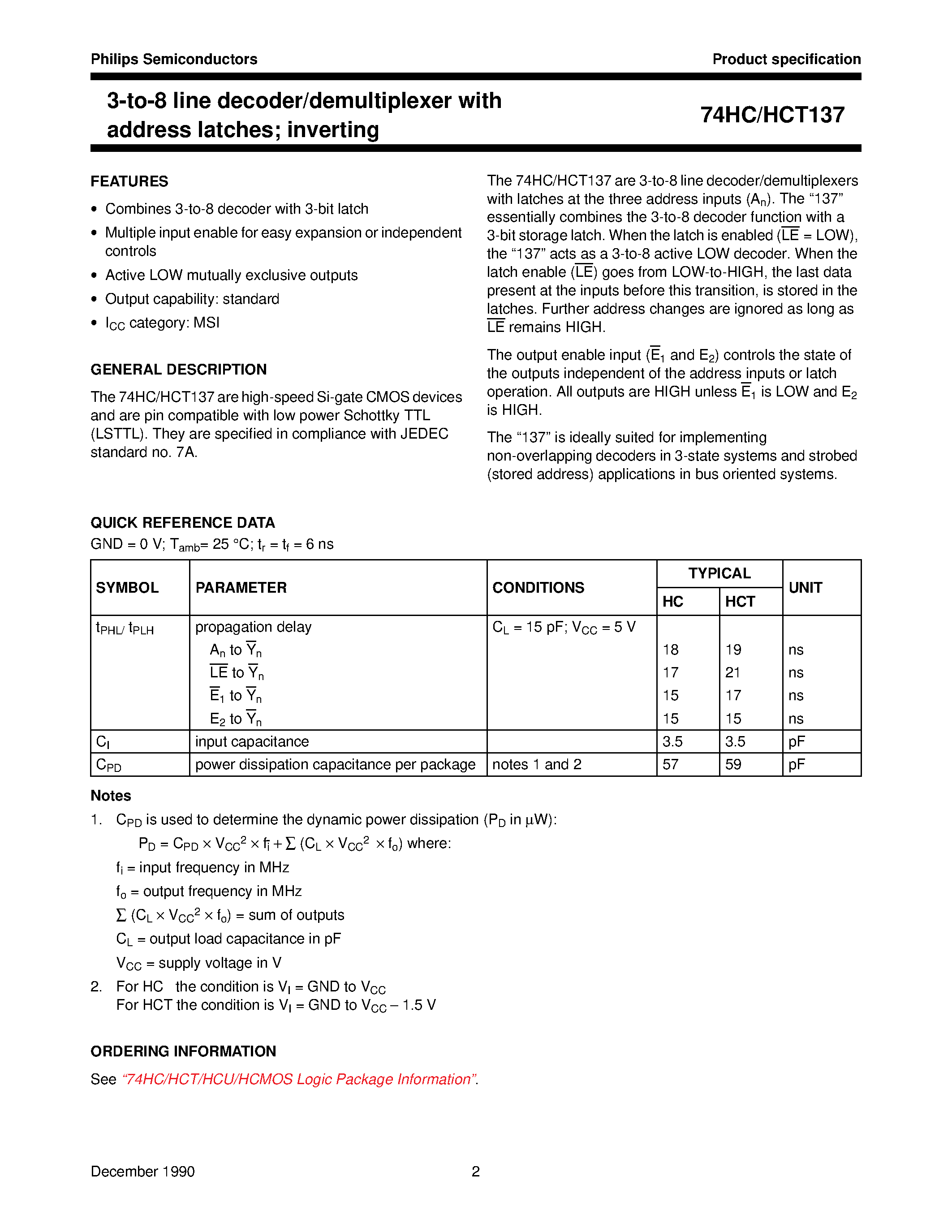 Datasheet 74HC137 - 3-to-8 line decoder/demultiplexer with address latches inverting page 2