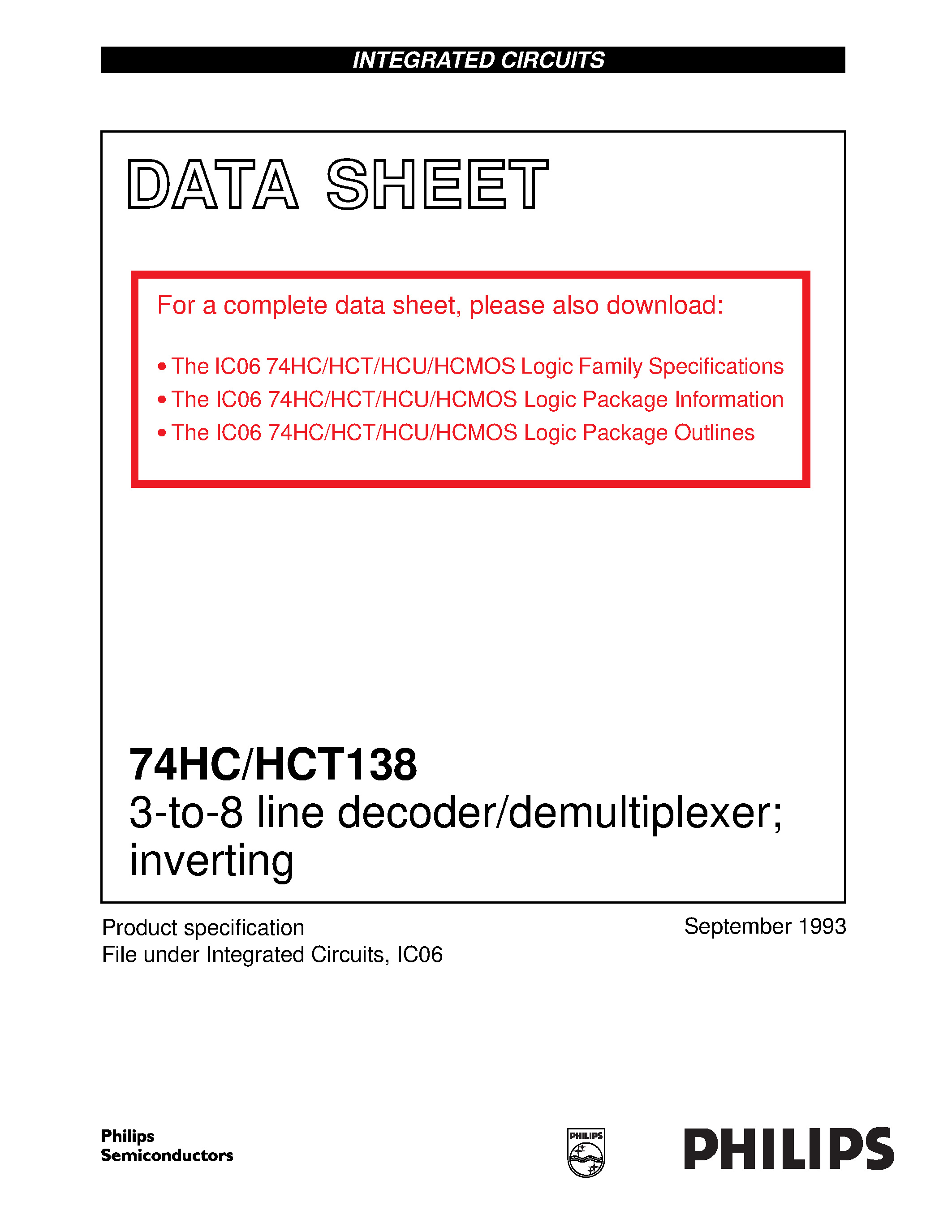 Datasheet 74HC138 - 3-to-8 line decoder/demultiplexer inverting page 1