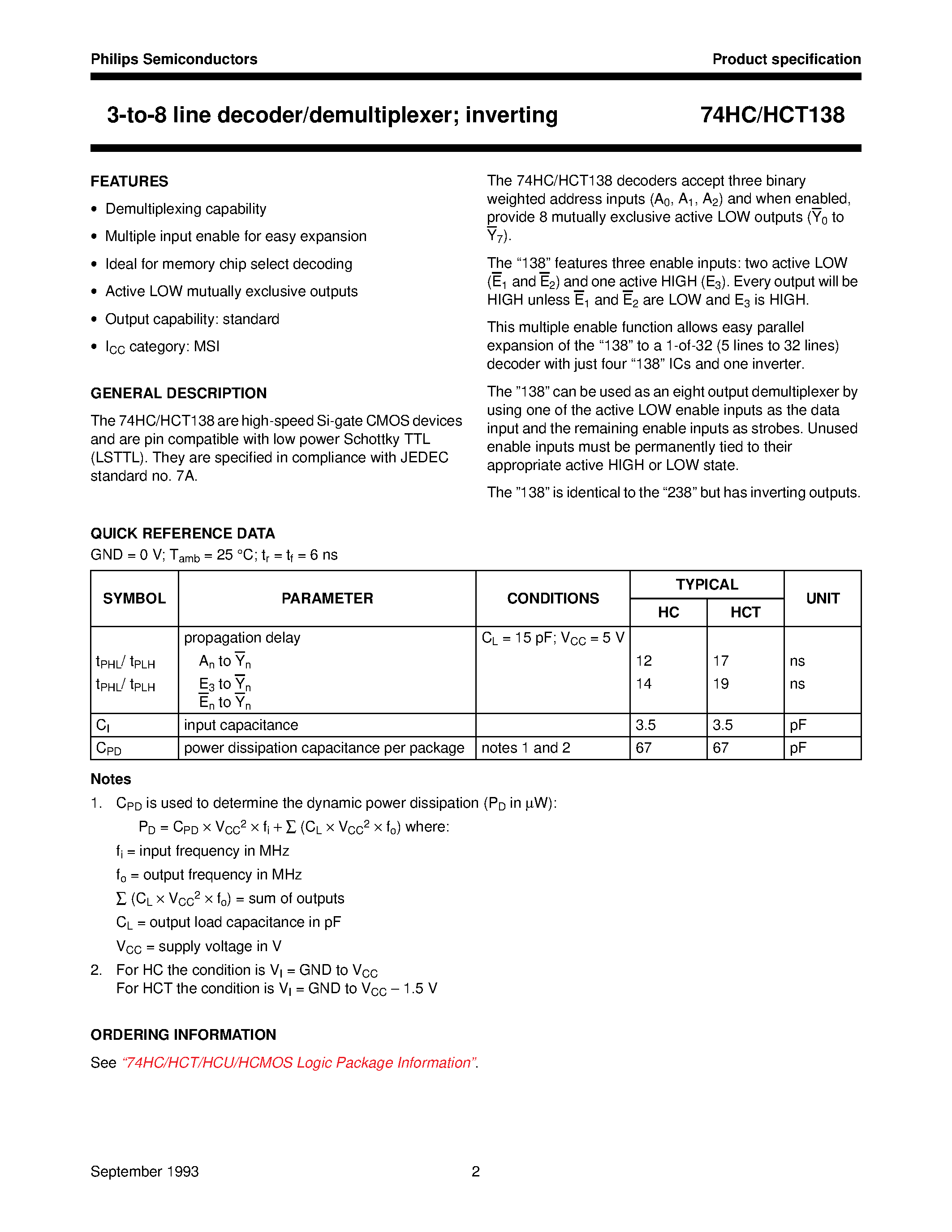 Datasheet 74HC138 - 3-to-8 line decoder/demultiplexer inverting page 2