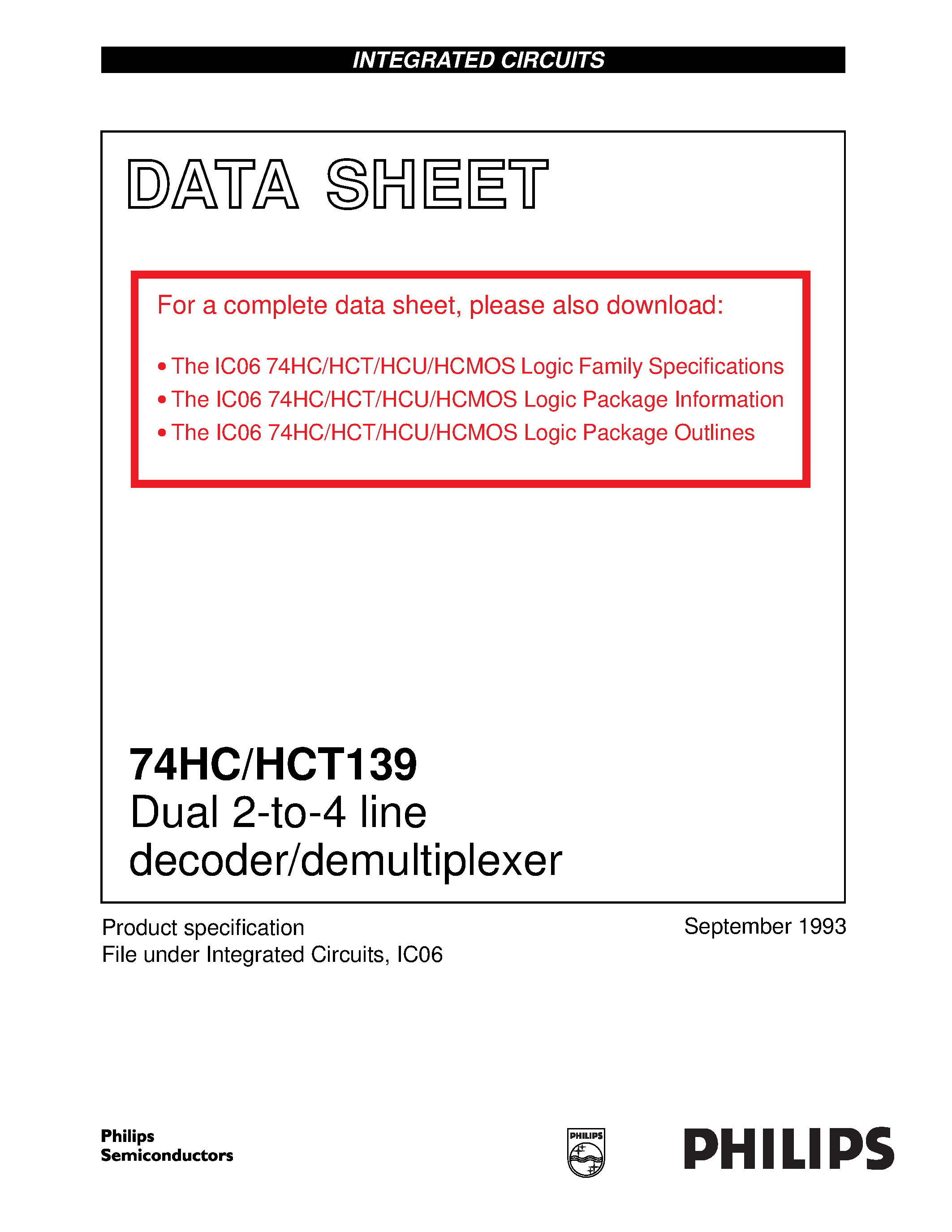 Datasheet 74HC139 - Dual 2-to-4 line decoder/demultiplexer page 1