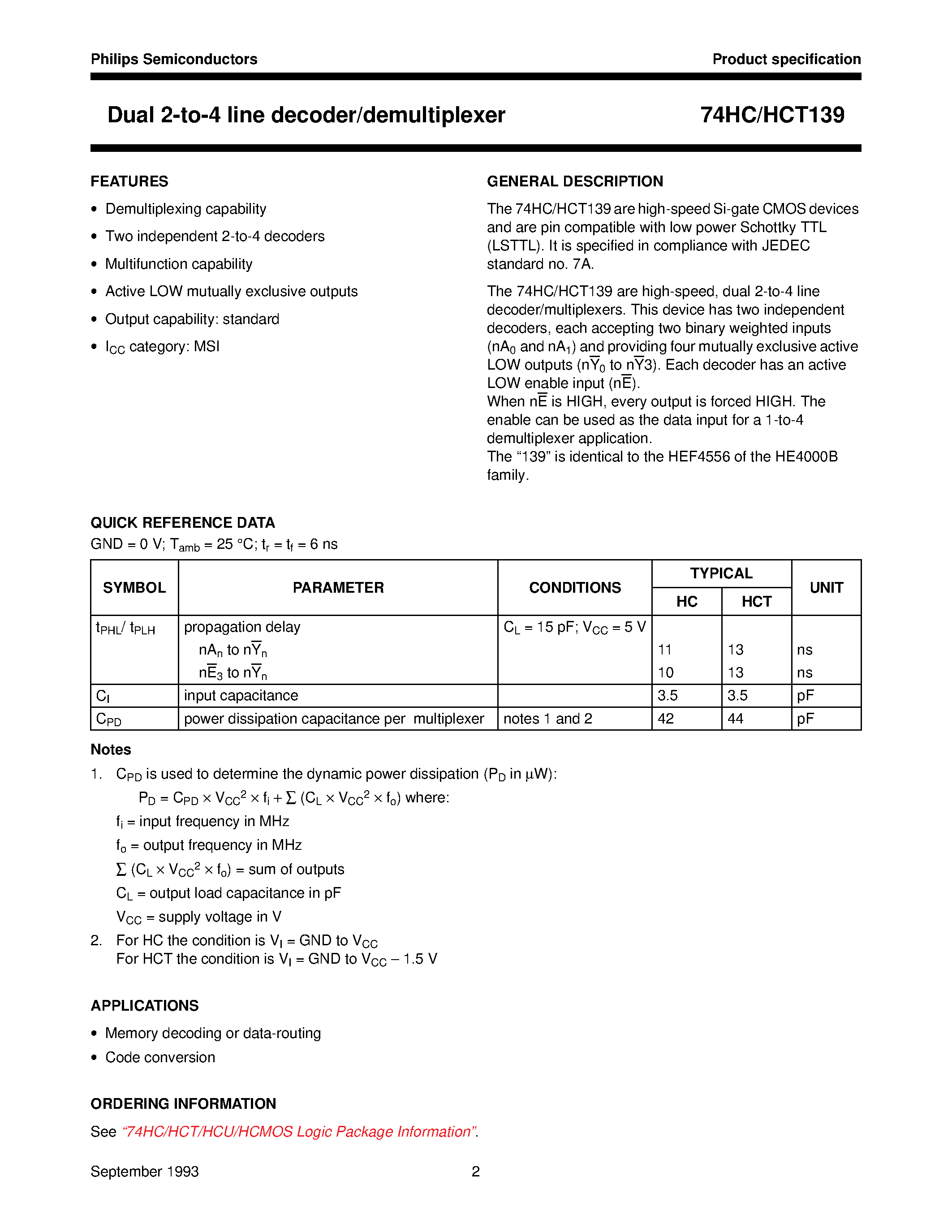 Datasheet 74HC139 - Dual 2-to-4 line decoder/demultiplexer page 2