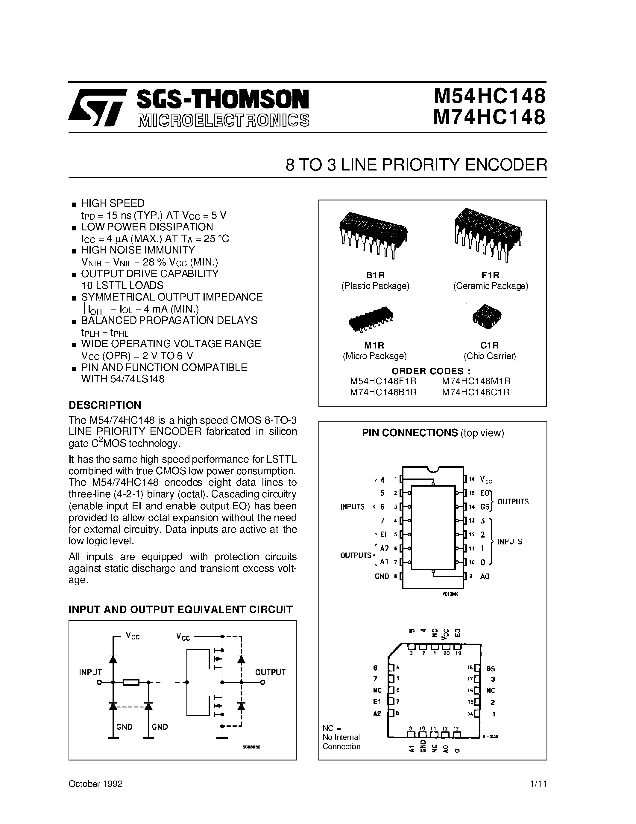 Datasheet 74HC148 - 8 TO 3 LINE PRIORITY ENCODER page 1