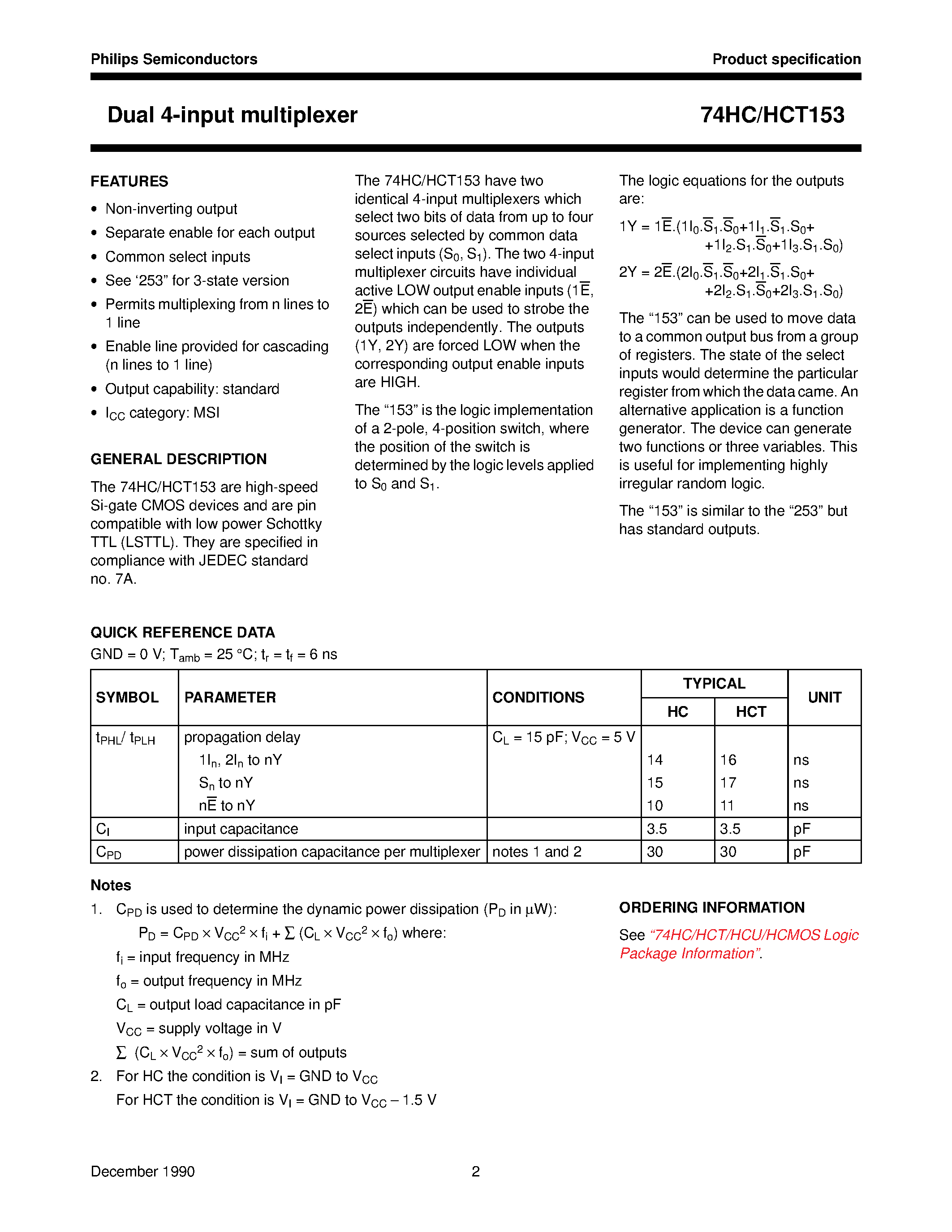 Datasheet 74HC153 - Dual 4-input multiplexer page 2