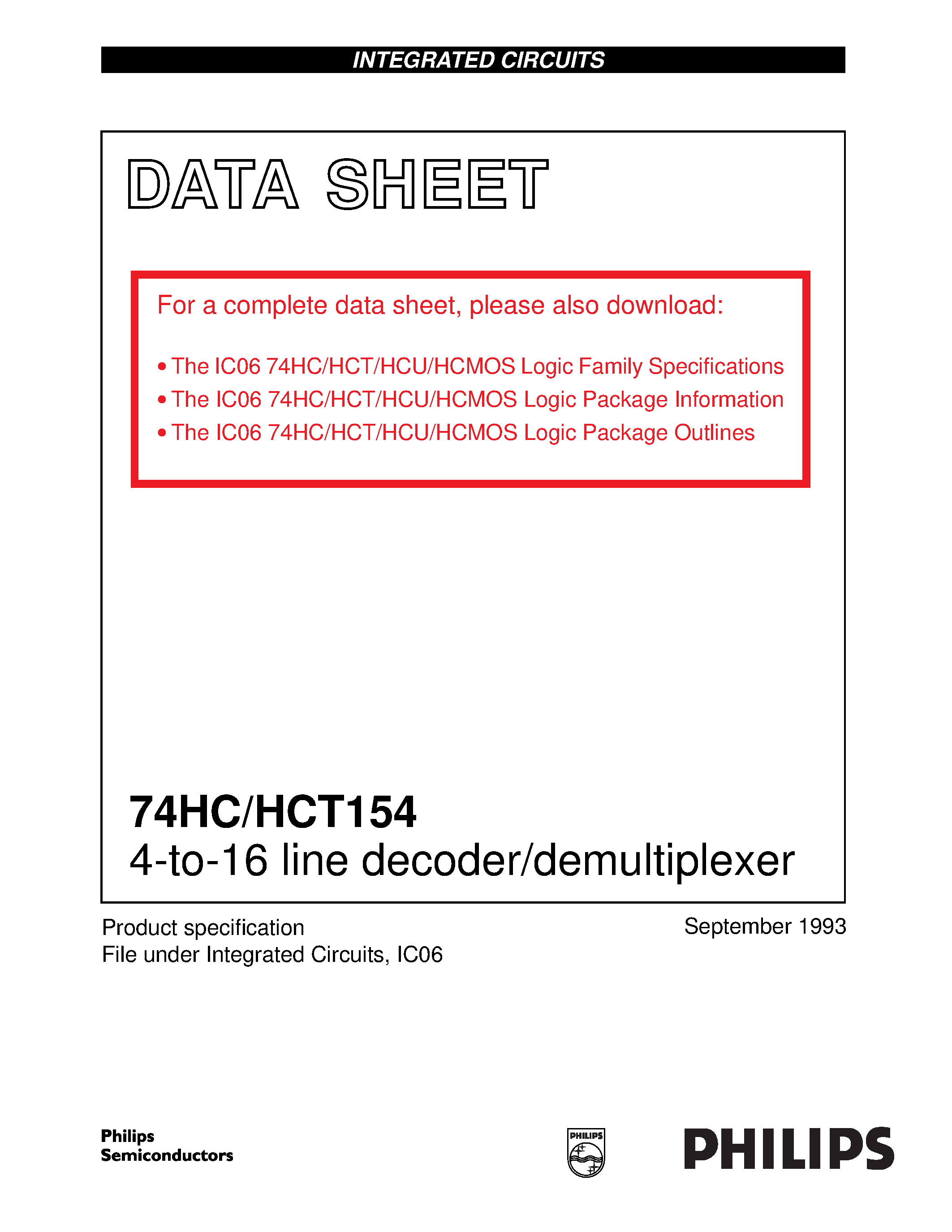 Даташит 74HC154 - 4-to-16 line decoder/demultiplexer страница 1