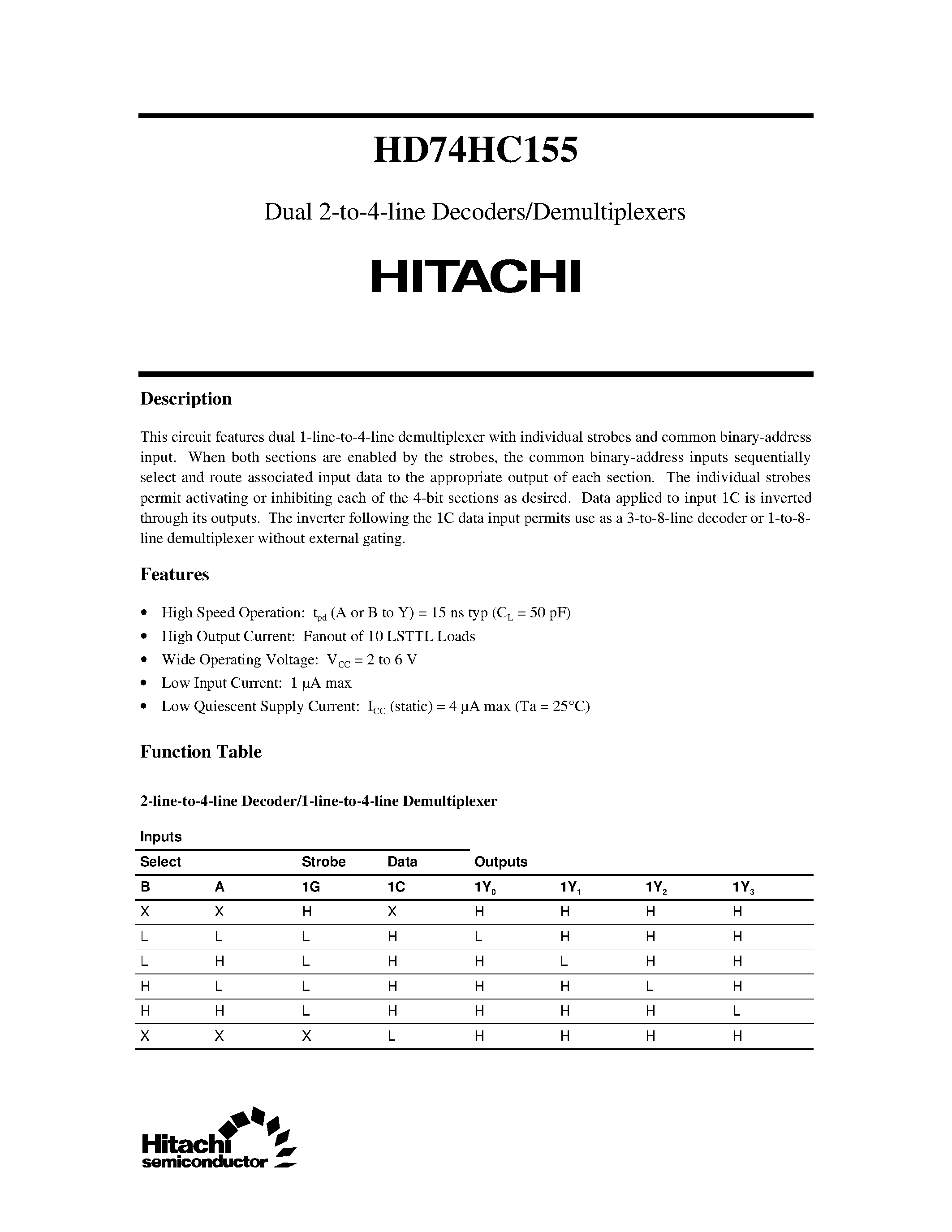 Datasheet 74HC155 - Dual 2-to-4-line Decoders/Demultiplexers page 1