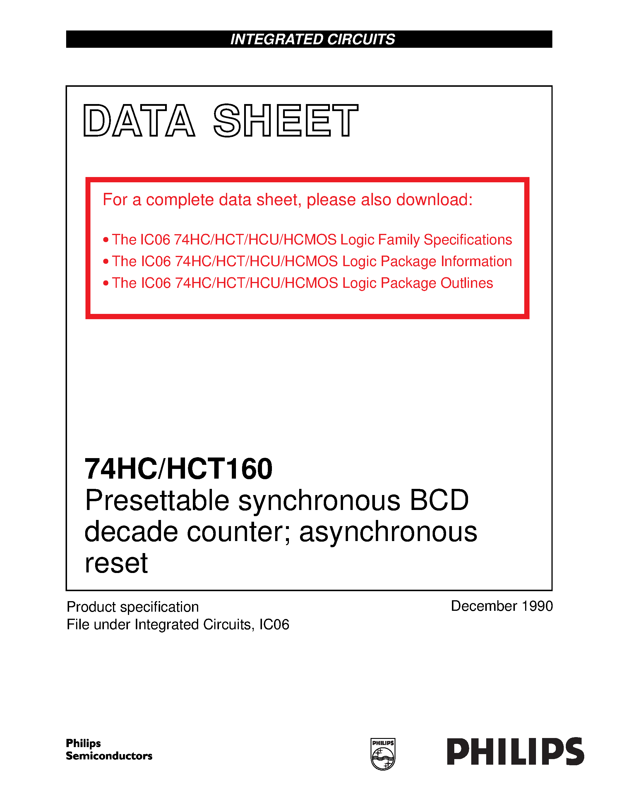 Даташит 74HC160 - Presettable synchronous BCD decade counter asynchronous reset страница 1