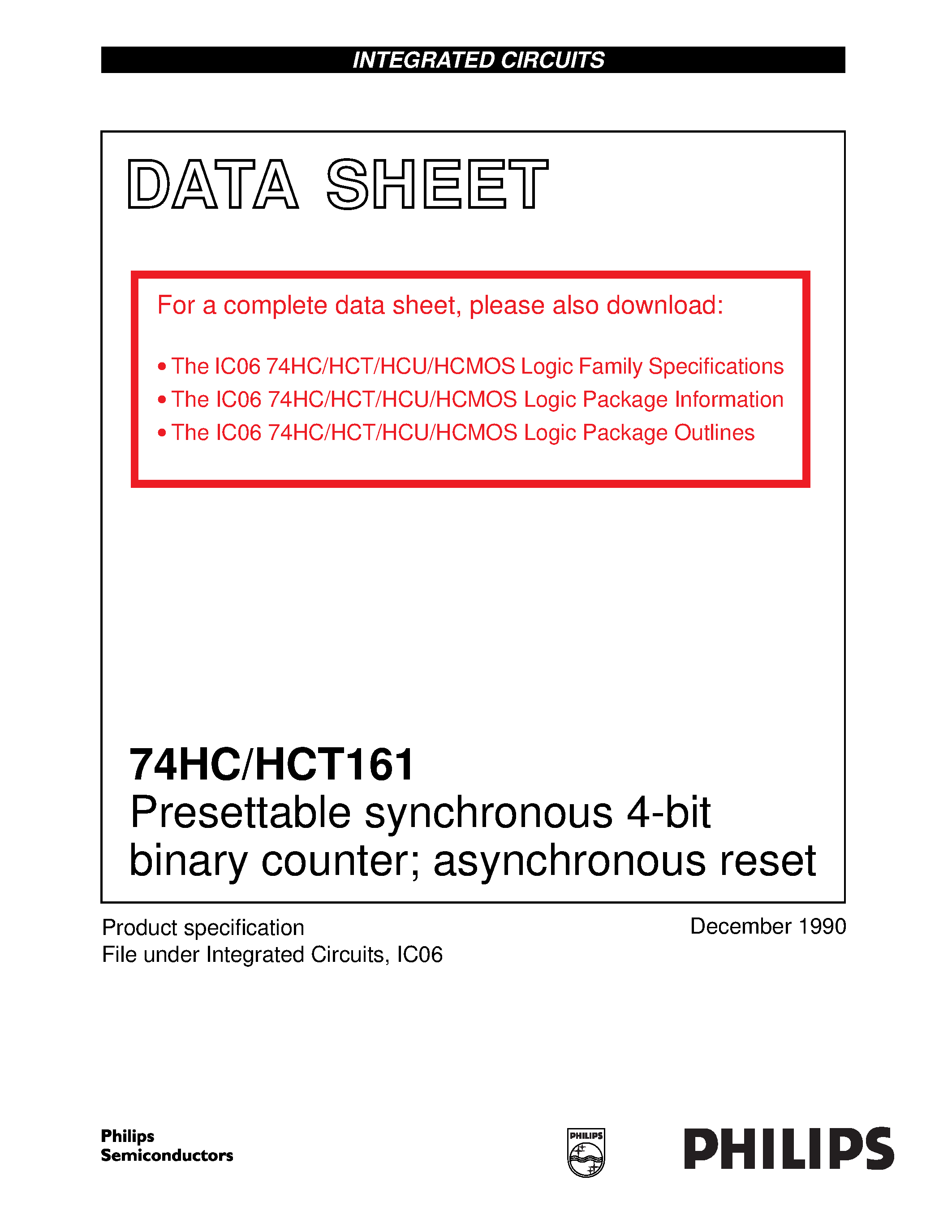 Datasheet 74HC161 - Presettable synchronous 4-bit binary counter asynchronous reset page 1