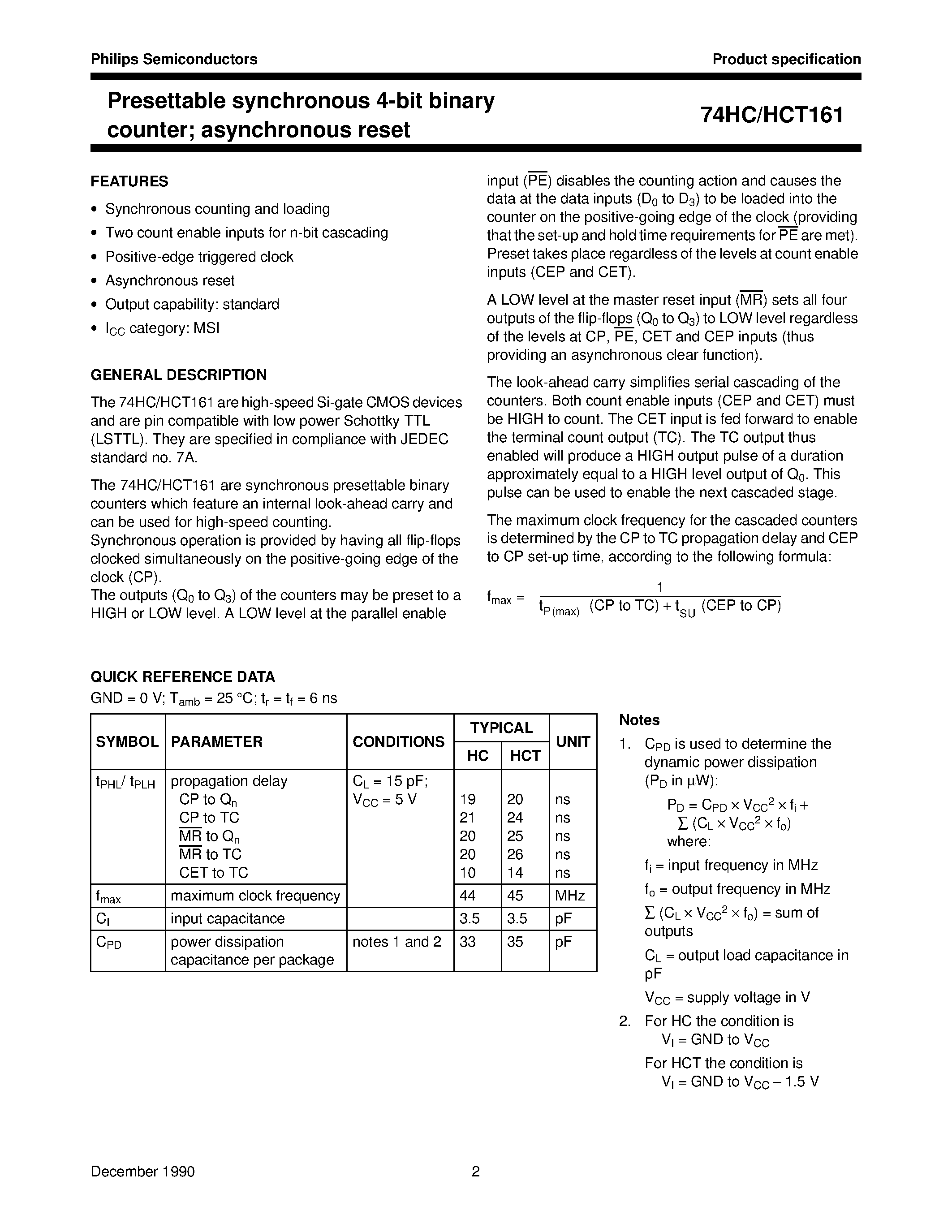 Datasheet 74HC161 - Presettable synchronous 4-bit binary counter asynchronous reset page 2