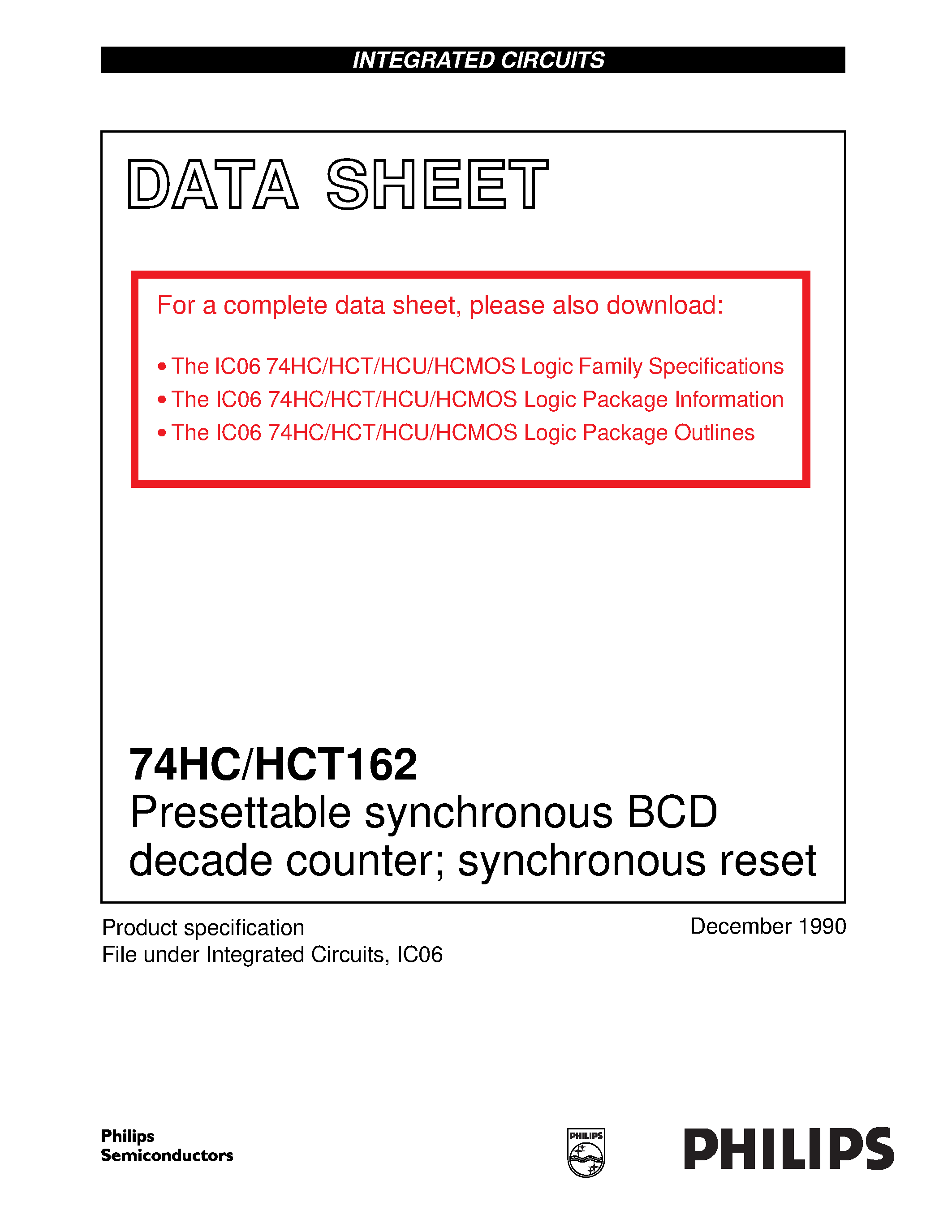 Даташит 74HC162 - Presettable synchronous BCD decade counter synchronous reset страница 1