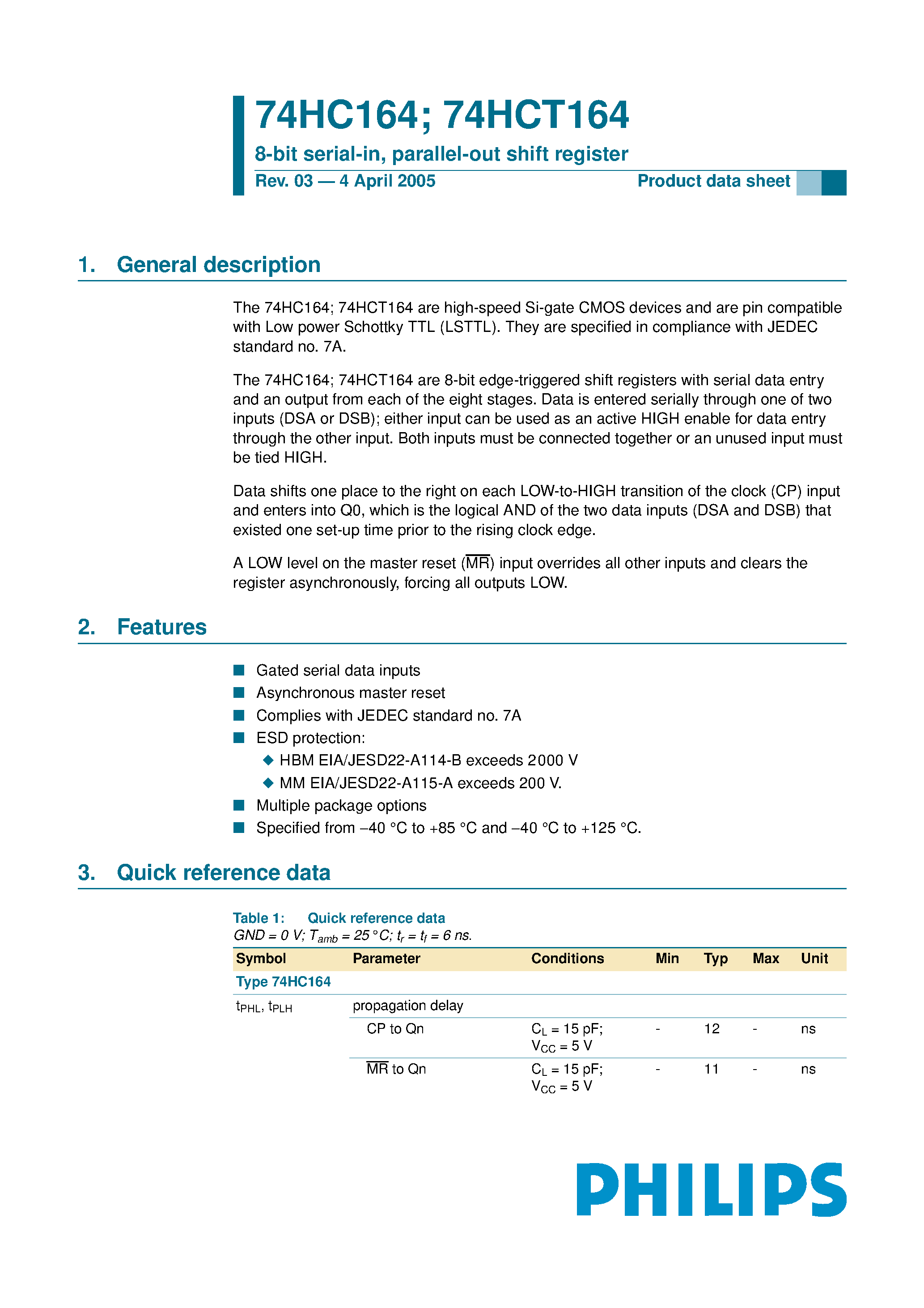 Datasheet 74HC164 - 8-bit serial-in/parallel-out shift register page 1