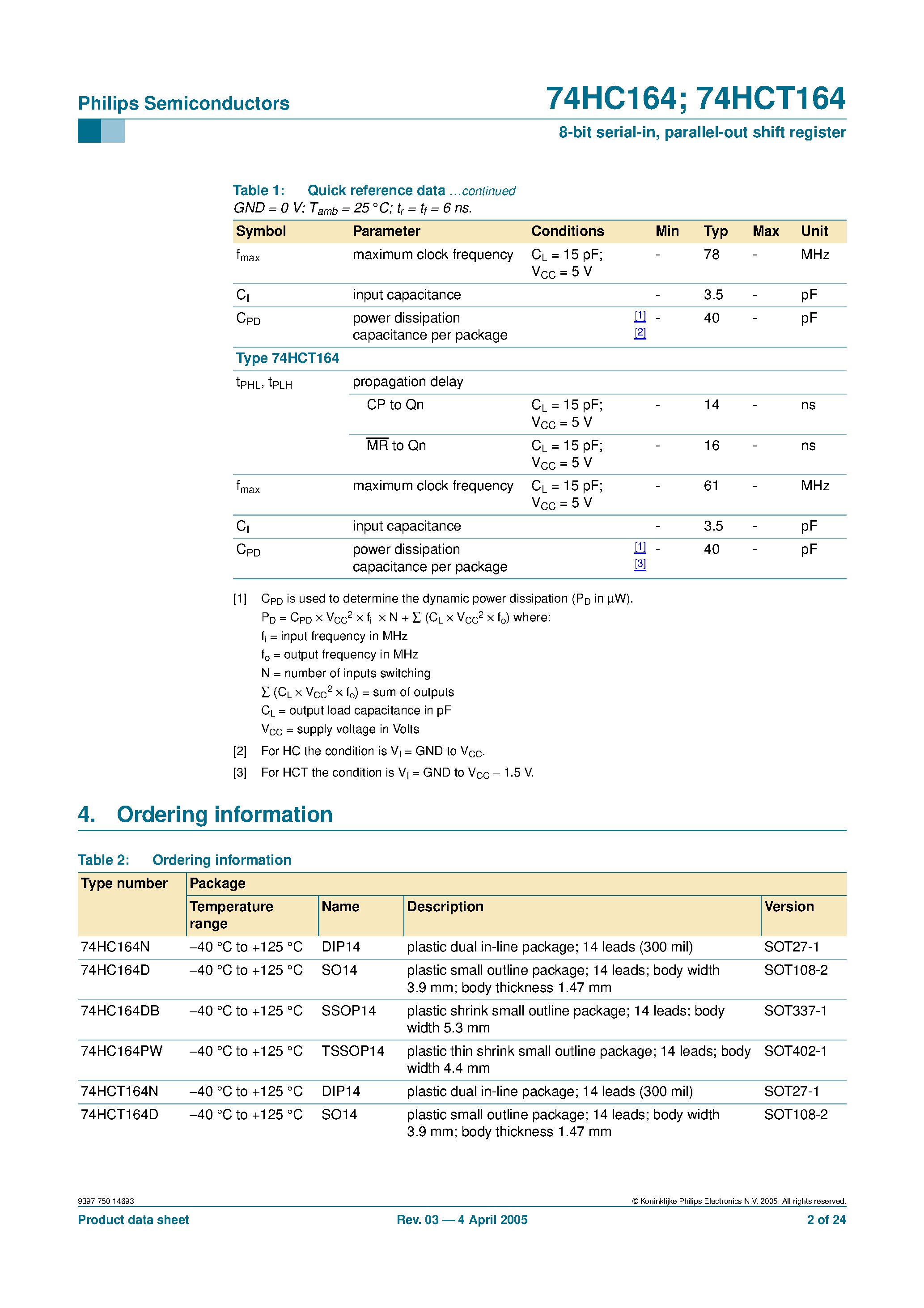 Datasheet 74HC164 - 8-bit serial-in/parallel-out shift register page 2