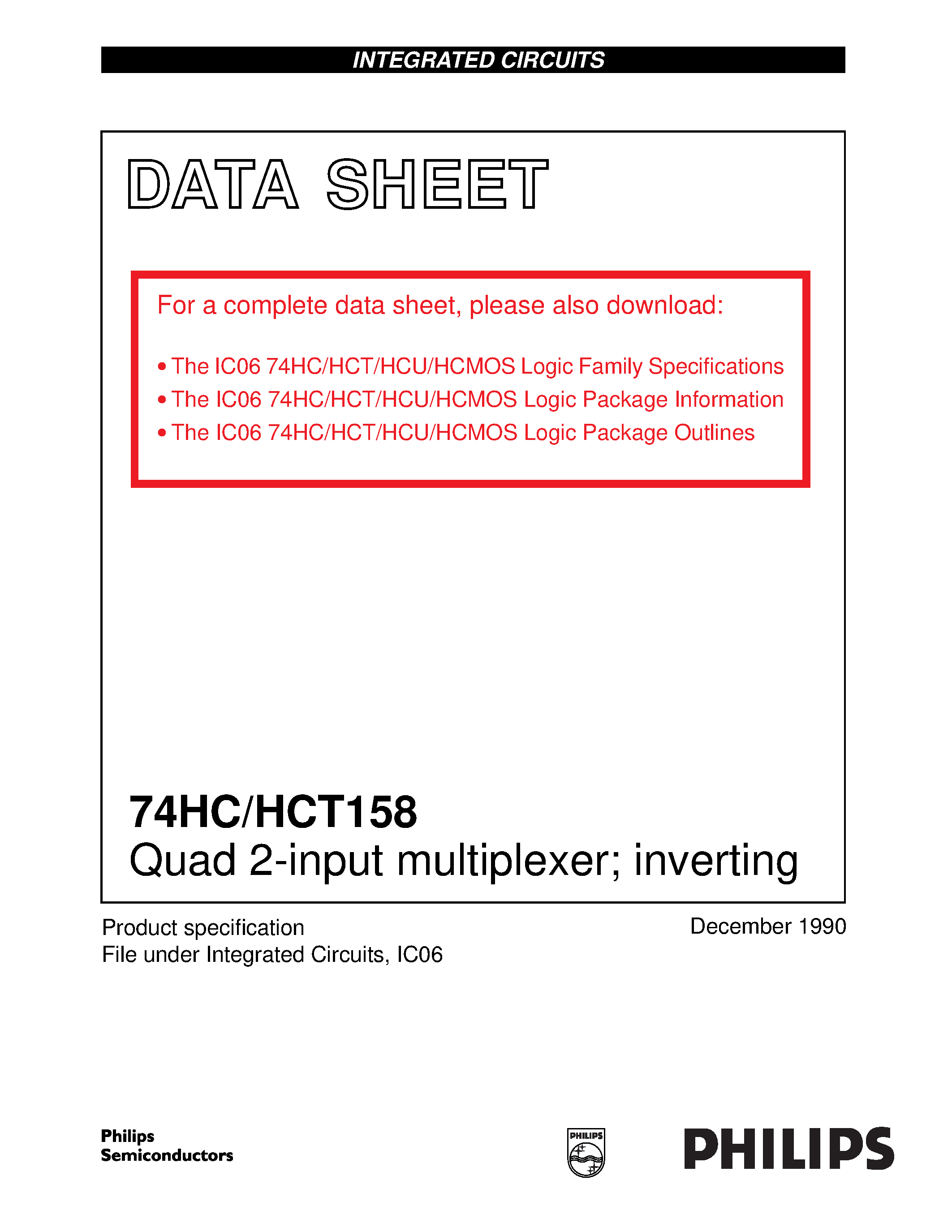 Datasheet 74HCT158 - Quad 2-input multiplexer inverting page 1