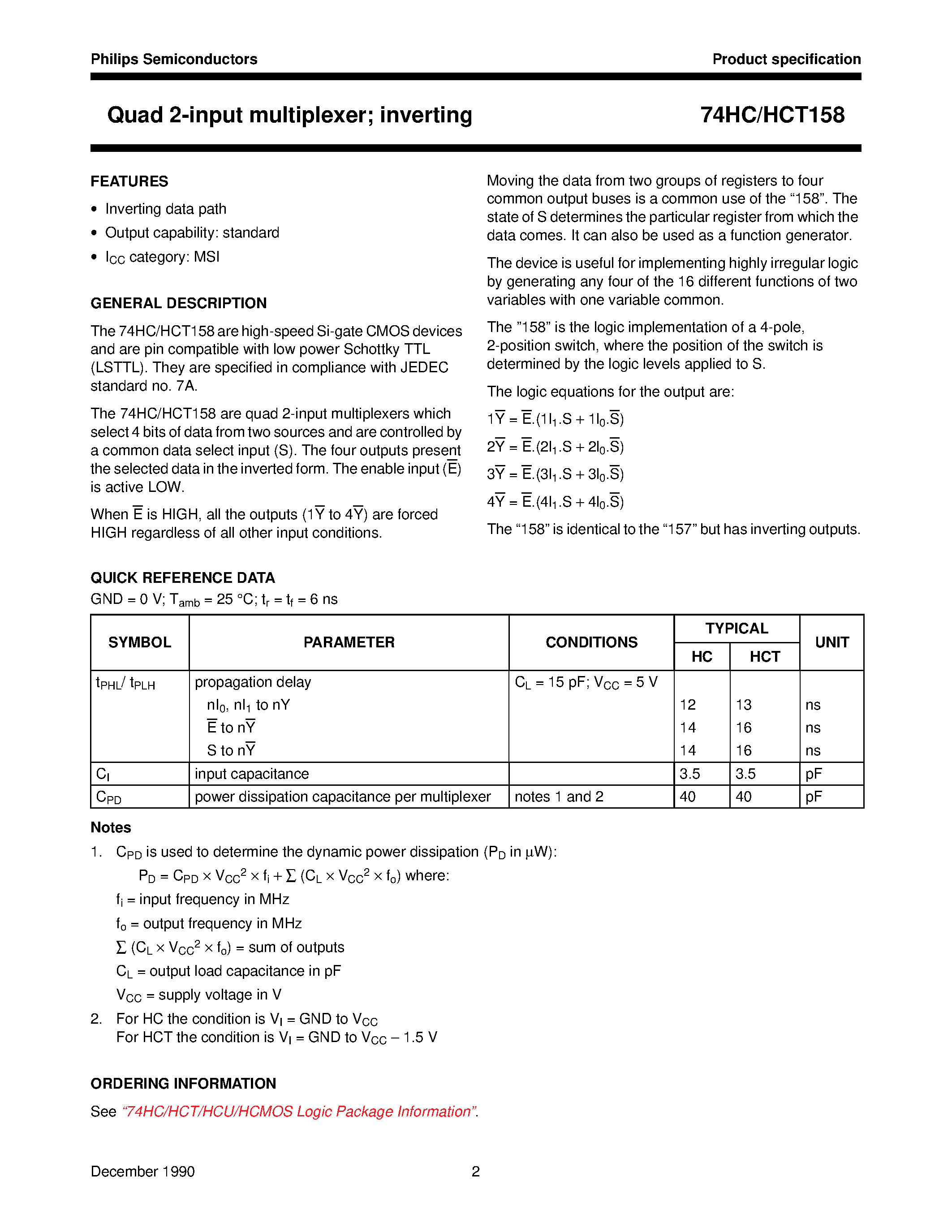 Datasheet 74HCT158 - Quad 2-input multiplexer inverting page 2