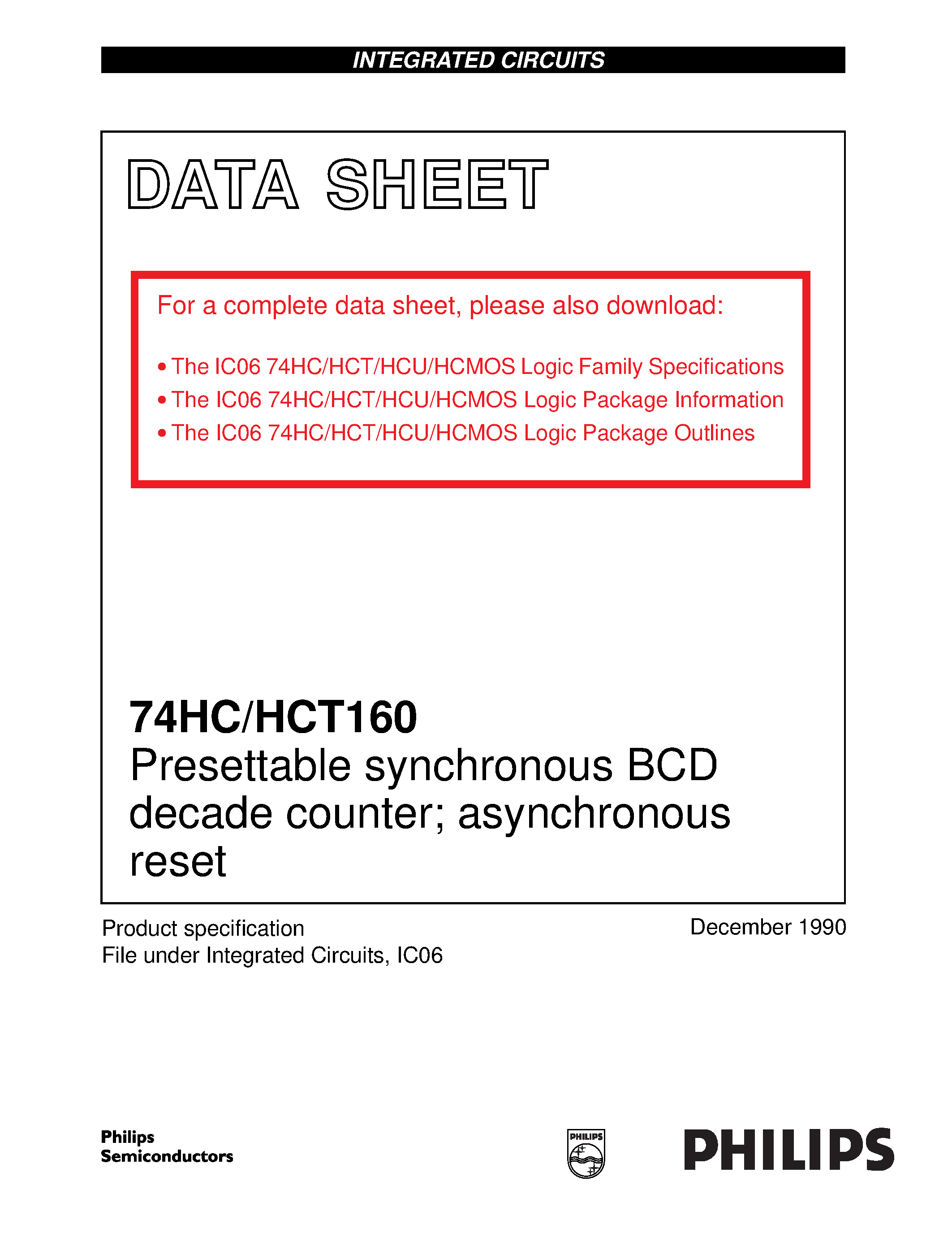 Datasheet 74HCT160 - Presettable synchronous BCD decade counter asynchronous reset page 1