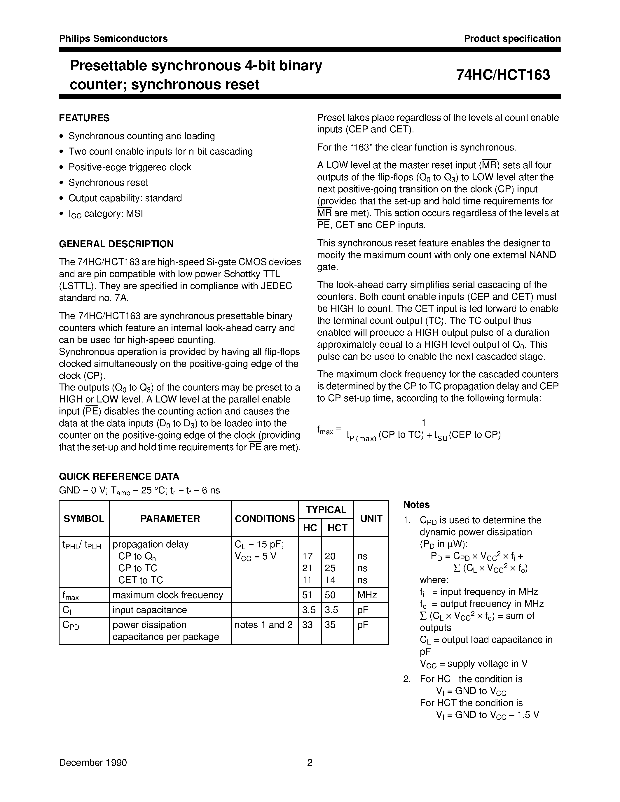 Datasheet 74HCT163 - Presettable synchronous 4-bit binary counter synchronous reset page 2