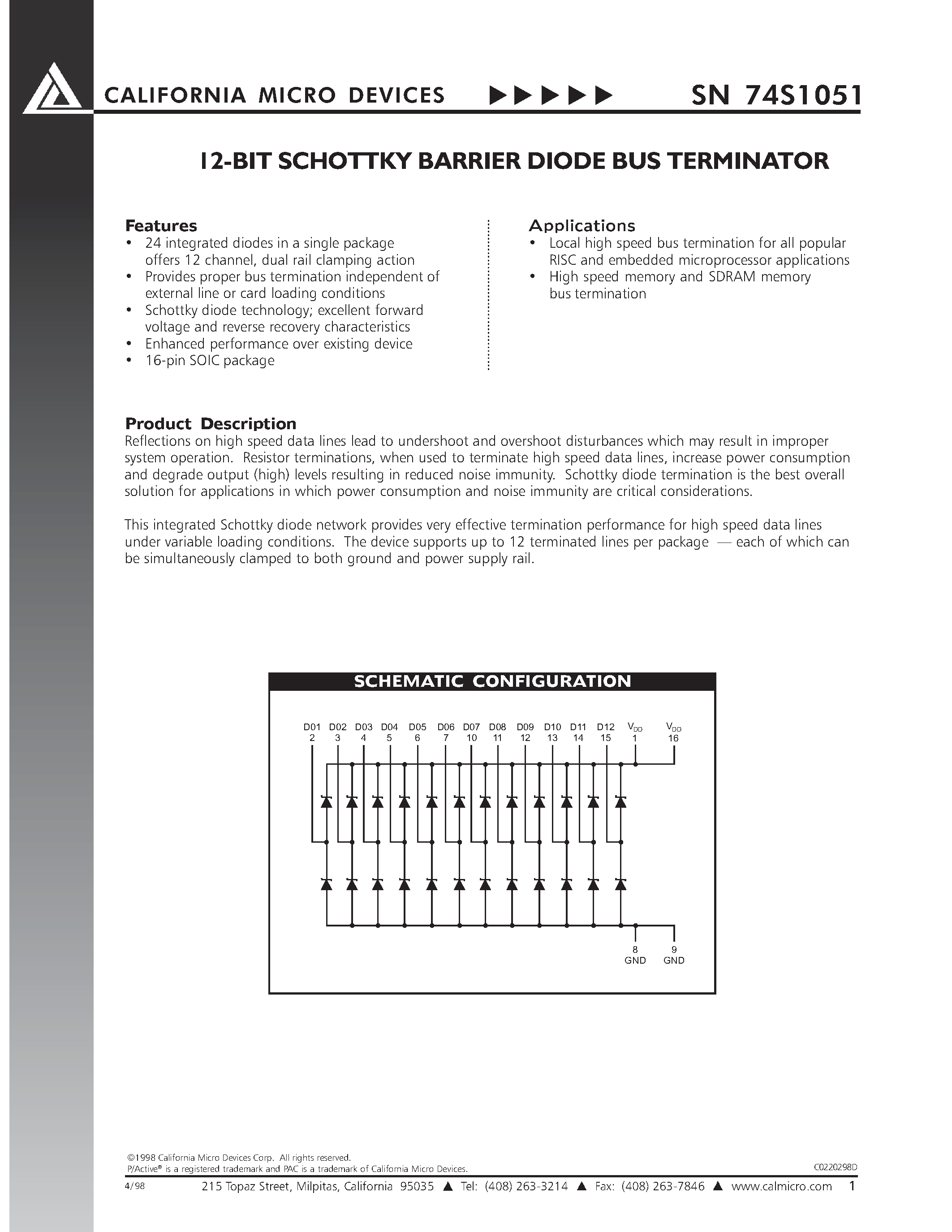 Даташит SN74S1051 - 12-BIT SCHOTTKY BARRIER DIODE BUS TERMINATOR страница 1