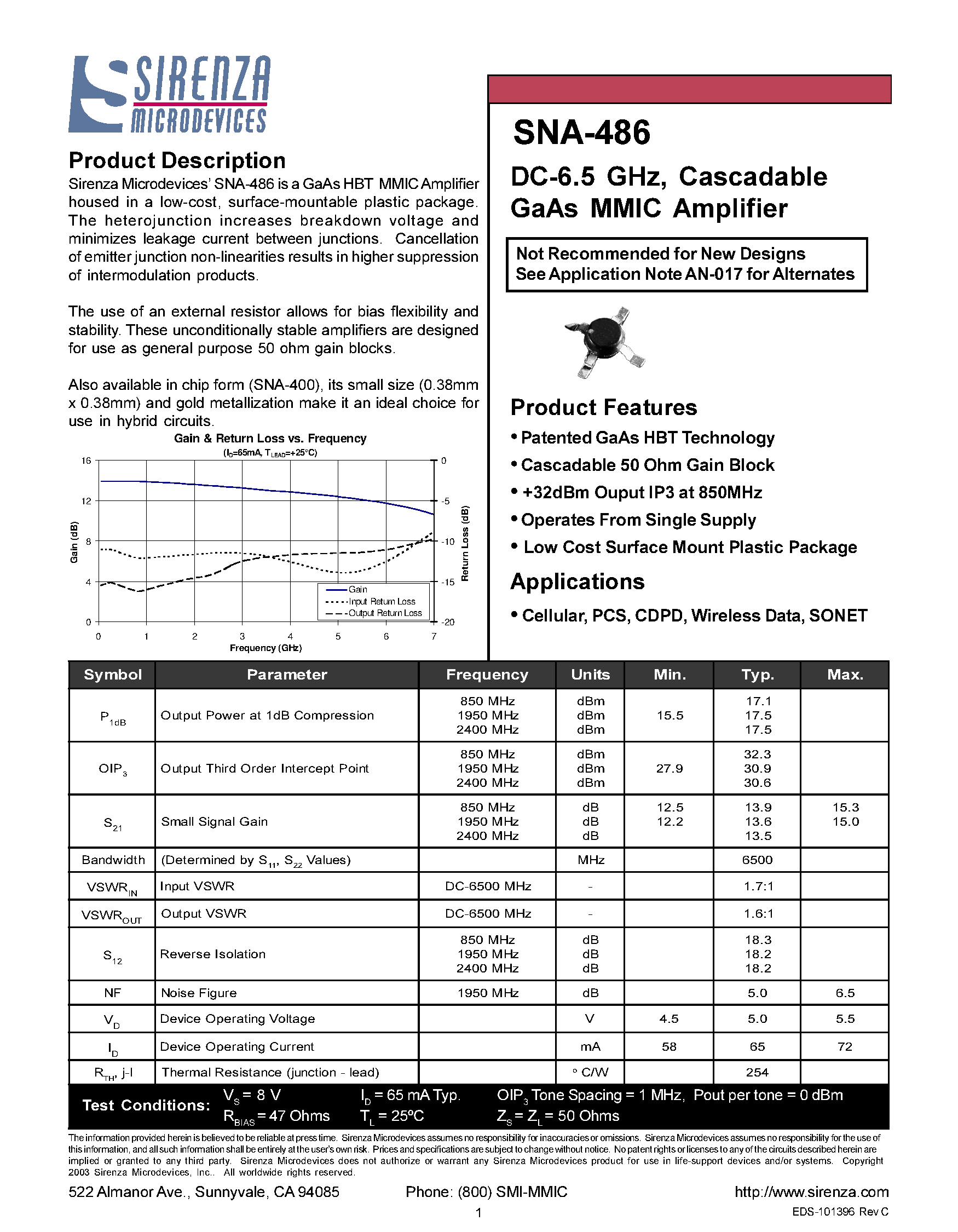 Даташит SNA-486 - DC - 6.5 GHZ CASCADABLE GAAS MMIC AMPLIFIER страница 1