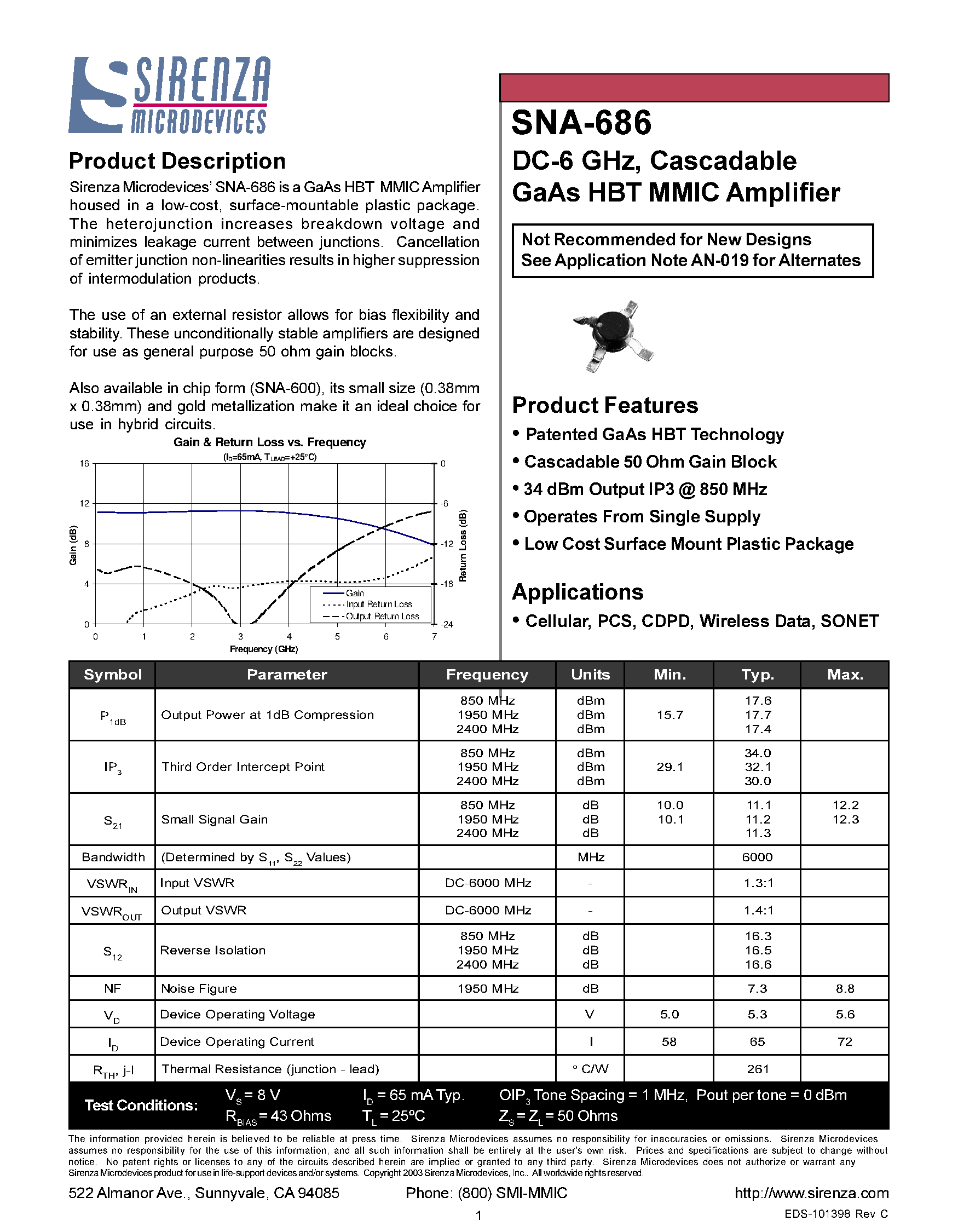 Даташит SNA-686 - DC 6 GHZ CASCADABLE GAAS HBT MMIC AMPLIFIER страница 1