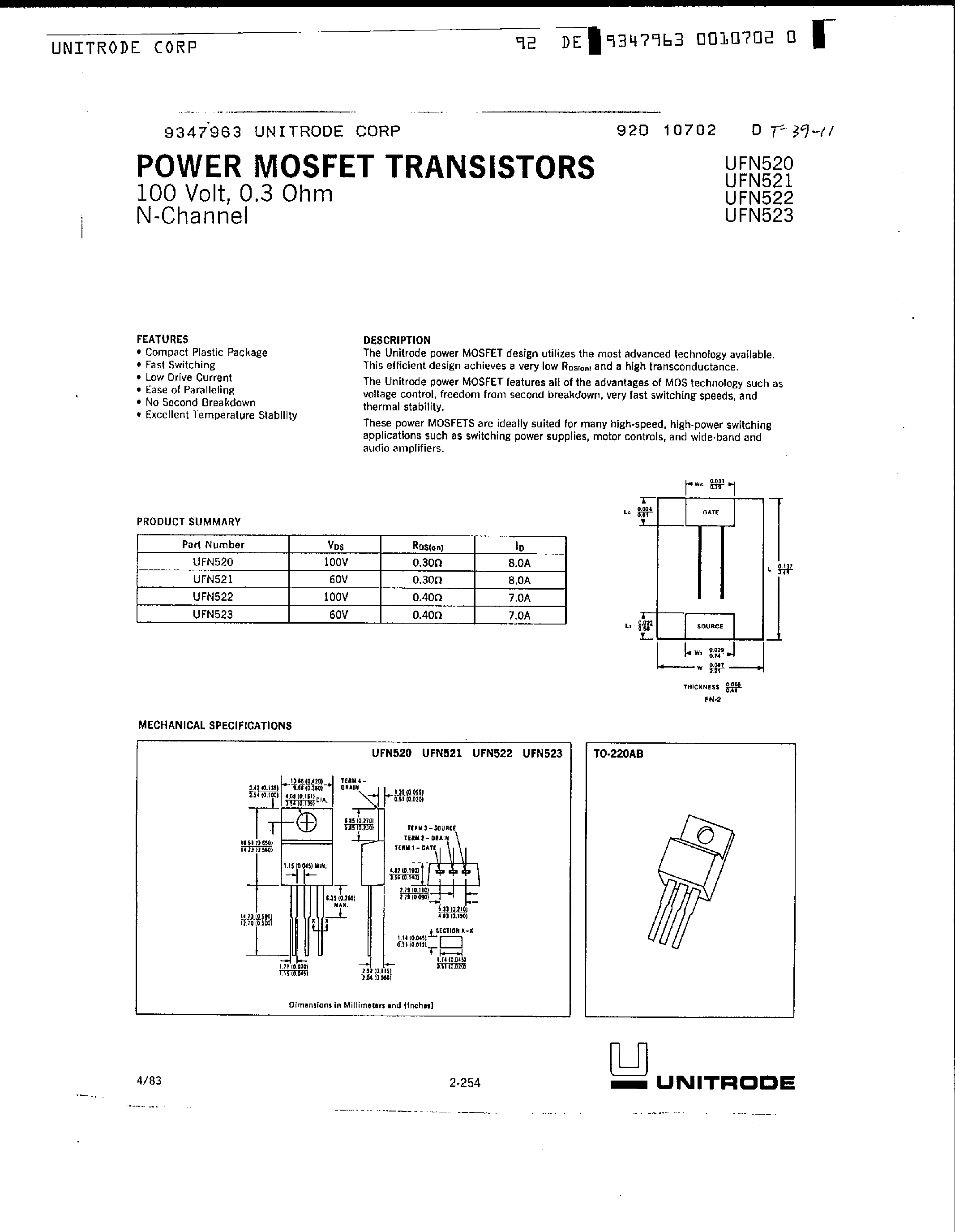 Даташит UFN521 - Power MOSFET Transistors страница 1